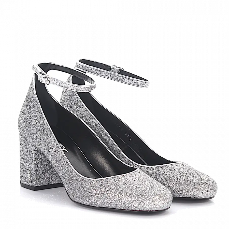 Saint Laurent - Pumps Kalbsleder Logo Glitzer silber - grau