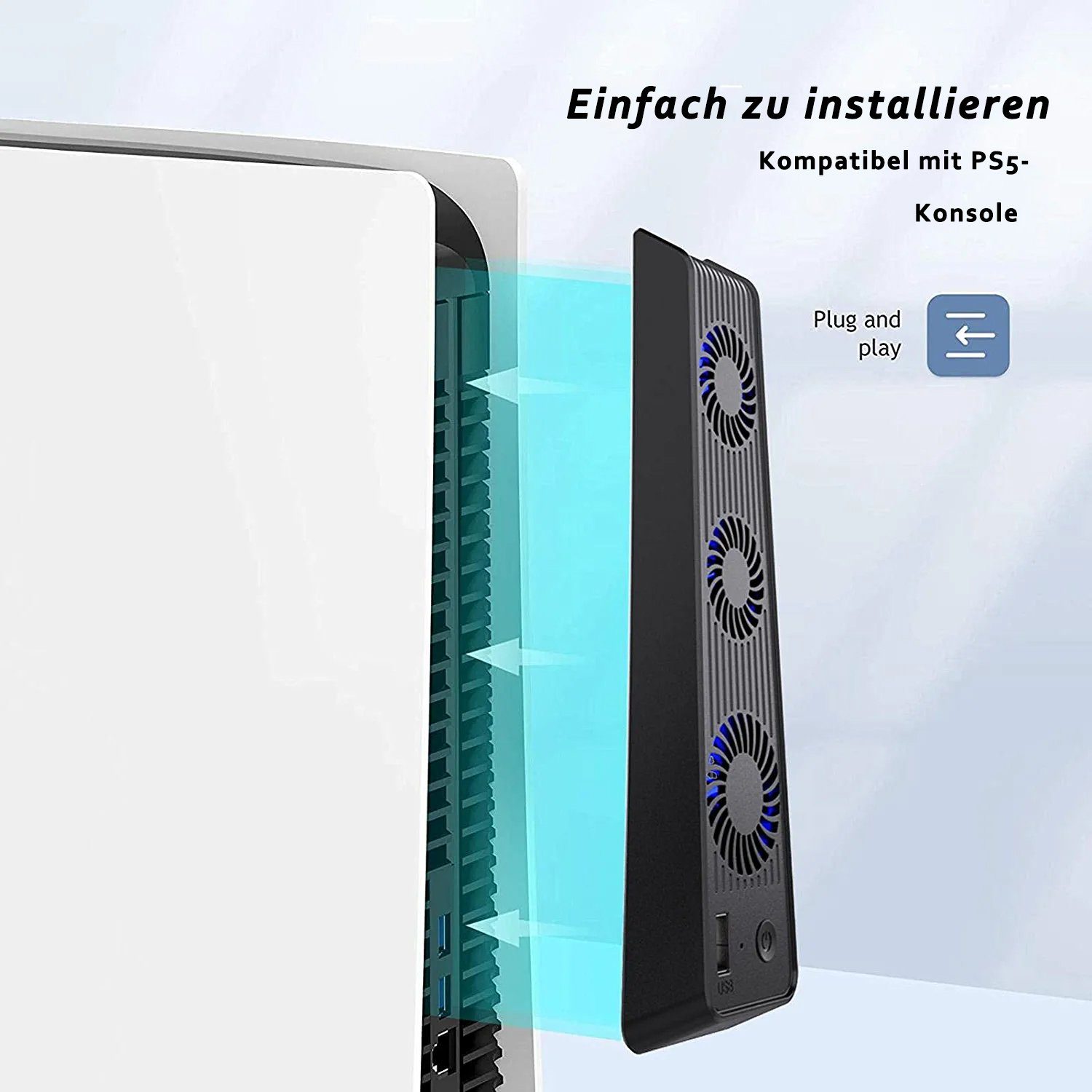 KINSI PS5 Mainframe-Kühlgebläse, PS5 Cooling Lüfter, mit externem PlayStation-Controller (USB-Anschluss und 3 Ventilatoren, Temperaturkontrolle für PS5, Schwarz)