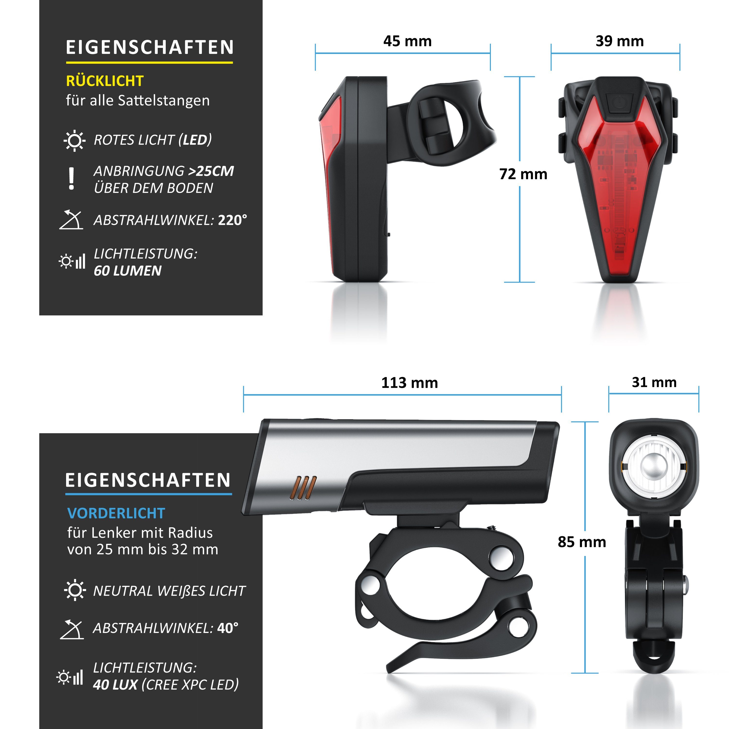 Aplic Fahrradbeleuchtung, StVZO Fahrradlampenset, 2600mAh Frontlicht & 180mAh Rücklicht, 40 Lux