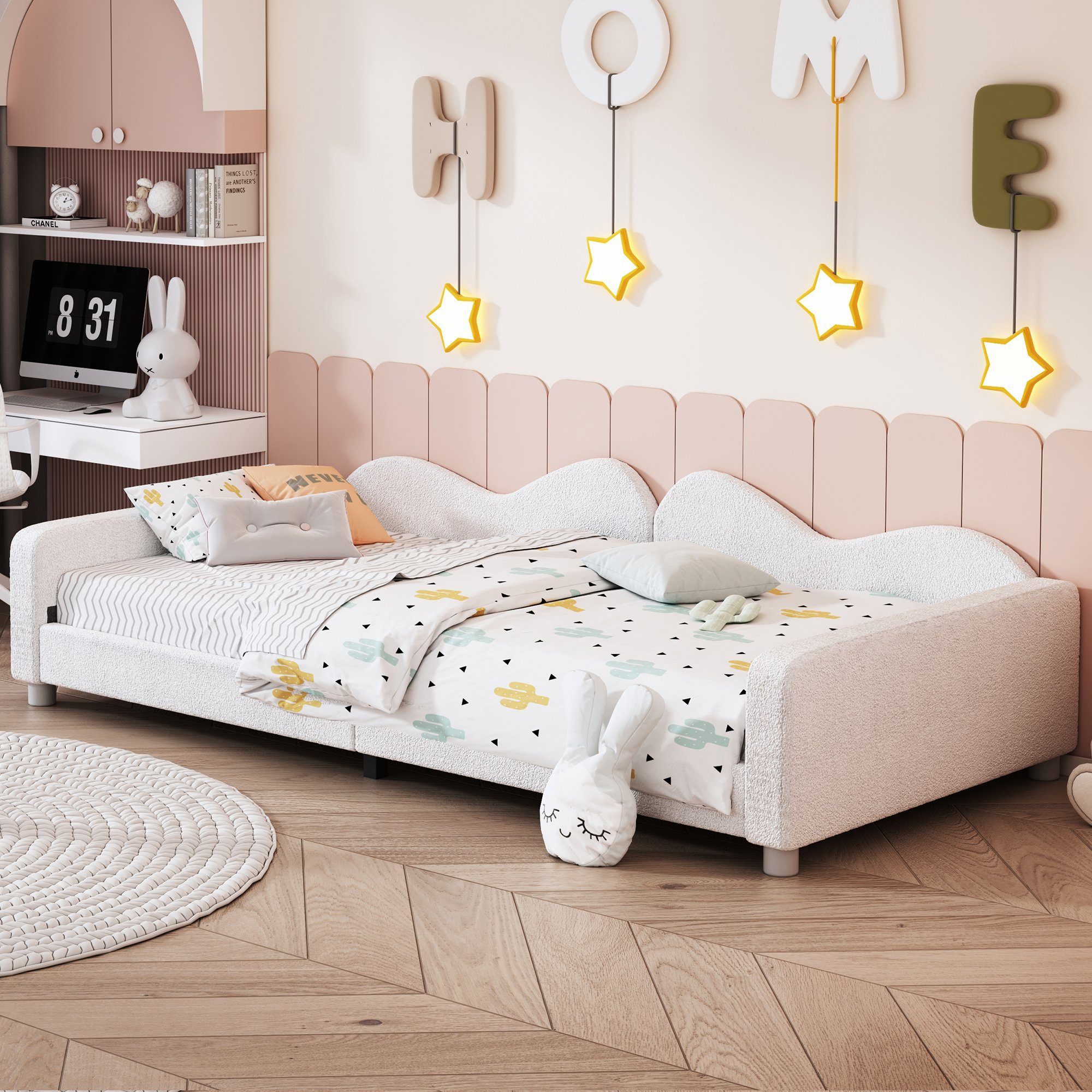 HAUSS SPLOE Polsterbett Tagesbett Polsterbett Kinderbett Schlafsofa (mit Rückenlehne und Armlehnen, 90x200 cm Bettgestell Teddystoff Multifunktionales weiches Bett), ohne Matratze