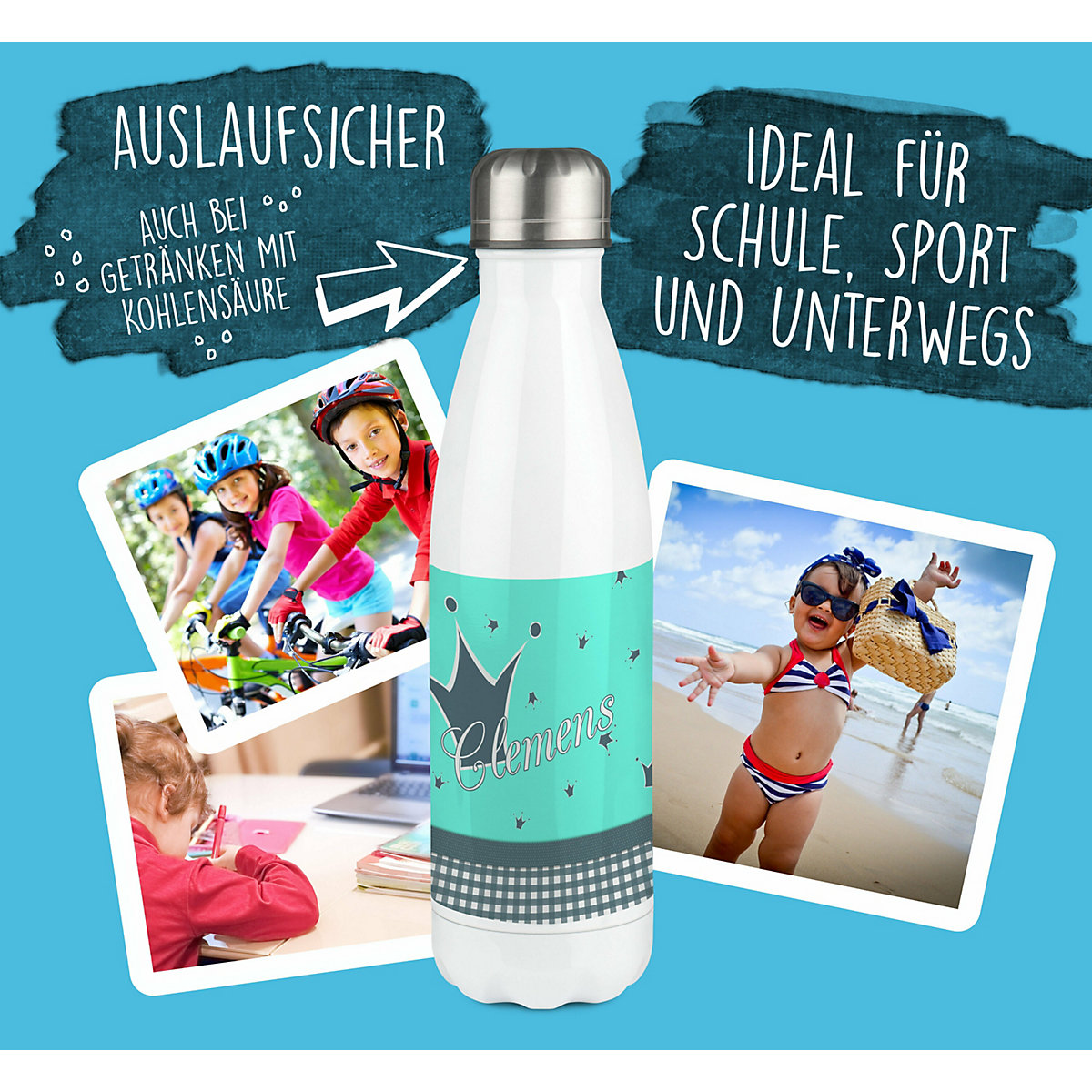 Edelstahl Kinder Thermoflasche / Trinkflasche bunt Krone Farbe türkis grau Spülmaschinenfest, Auslaufsicher, Bruchfest, Doppelwandig, Für Heißgetränke geeignet, Mit Deckel, Isoliert