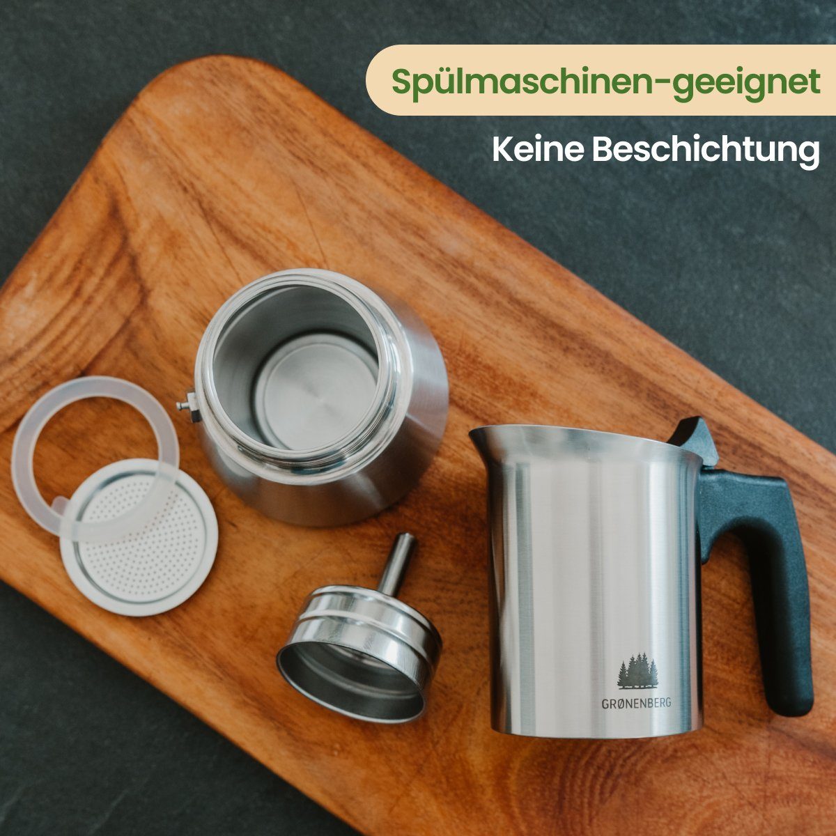 GRØNENBERG Espressokocher Edelstahl Espressokanne 1-2 Tassen, 0.1l Kaffeekanne, Inkl. Ersatz-Dichtung, Unbeschichtet & frei von Aluminium