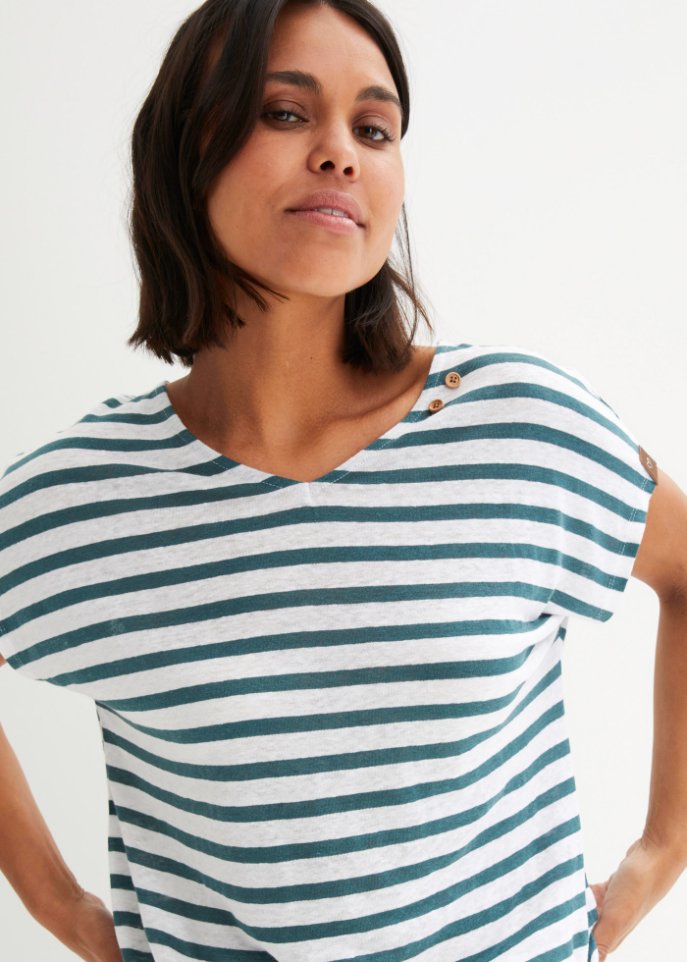 Leinen-Shirt mit Fledermausärmeln und V-Ausschnitt