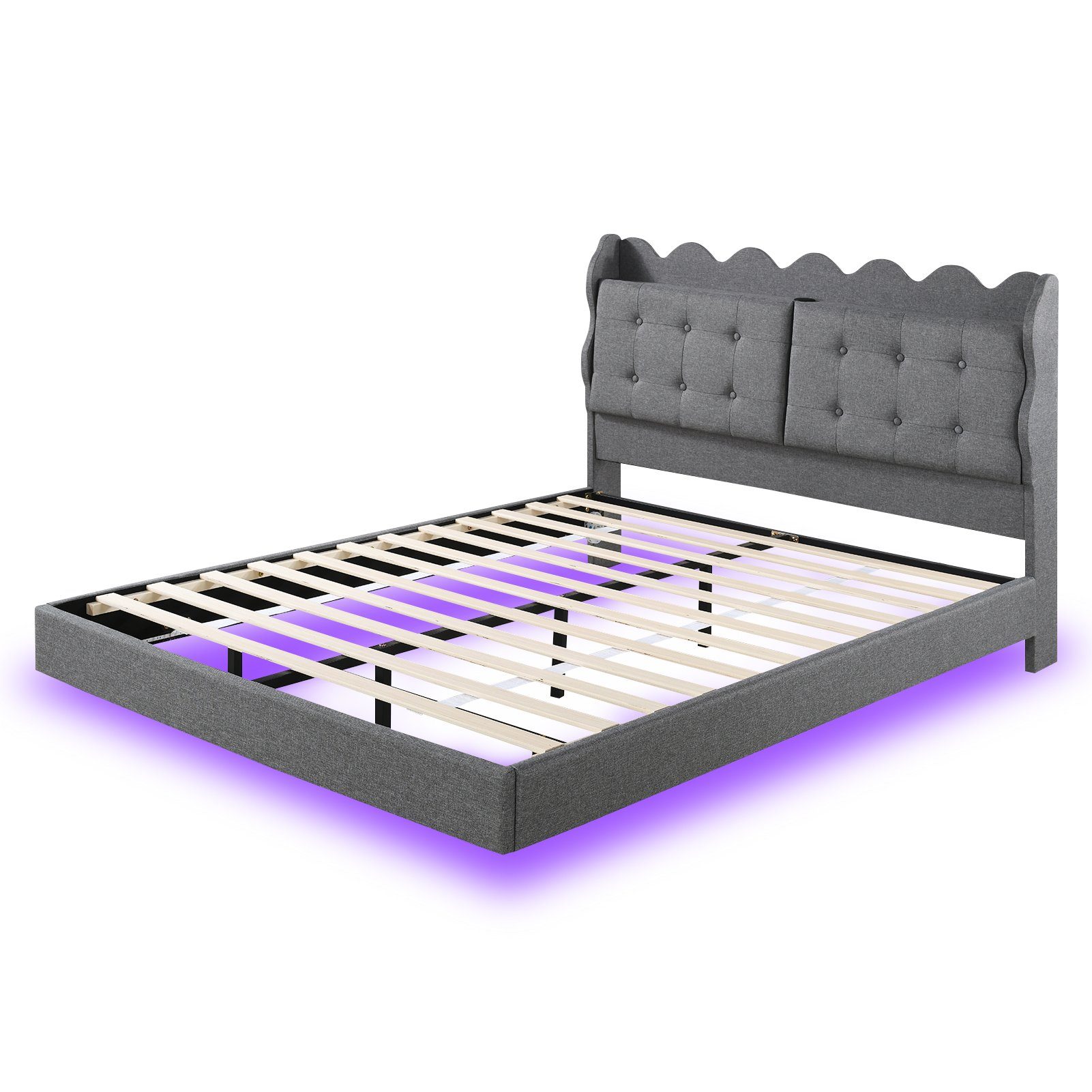 Flieks Polsterbett, LED Doppelbett 140x200cm mit Stauraumfach und Ladeanschluss Leinen
