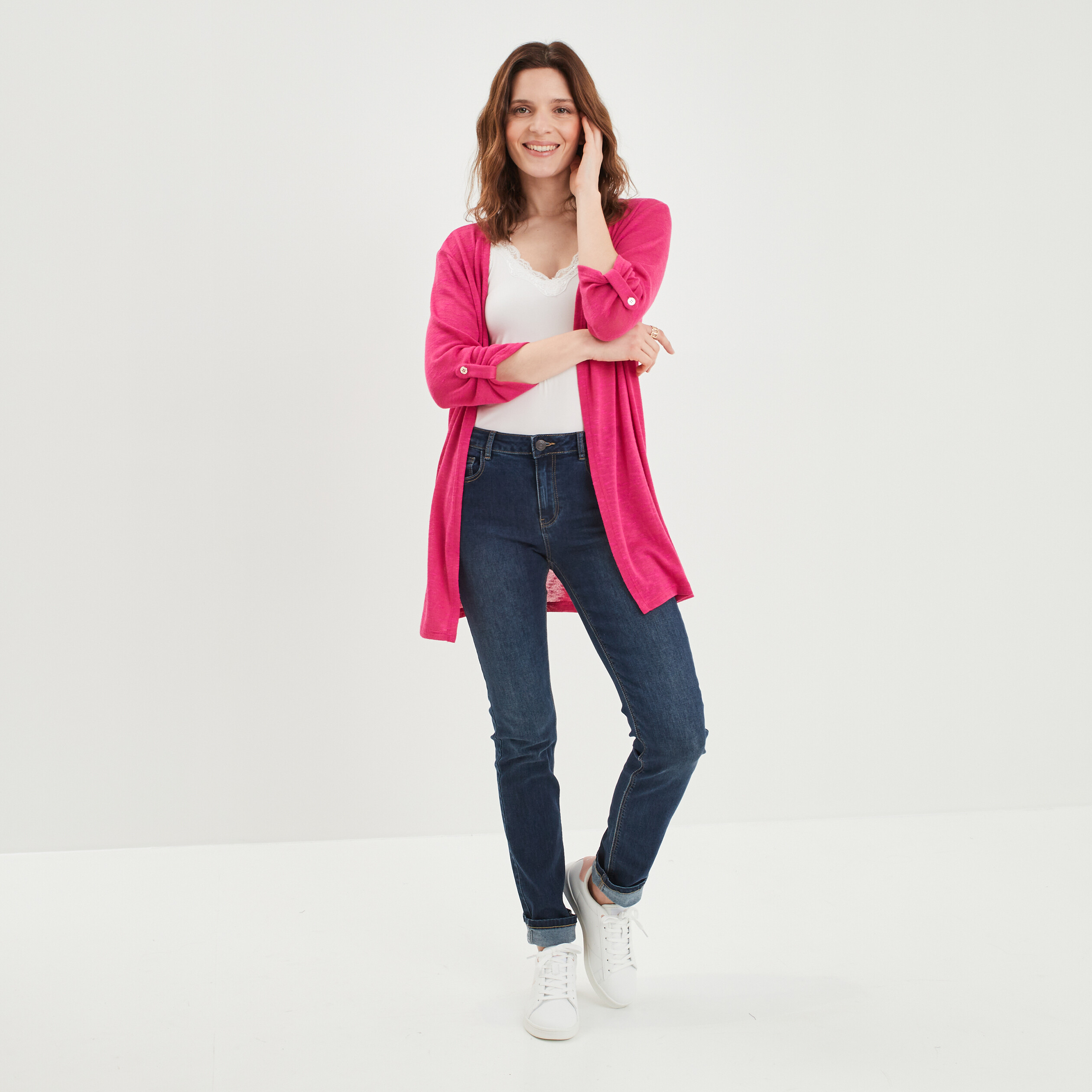 Gilet manches 3 4 rose fushia femme | La Halle
