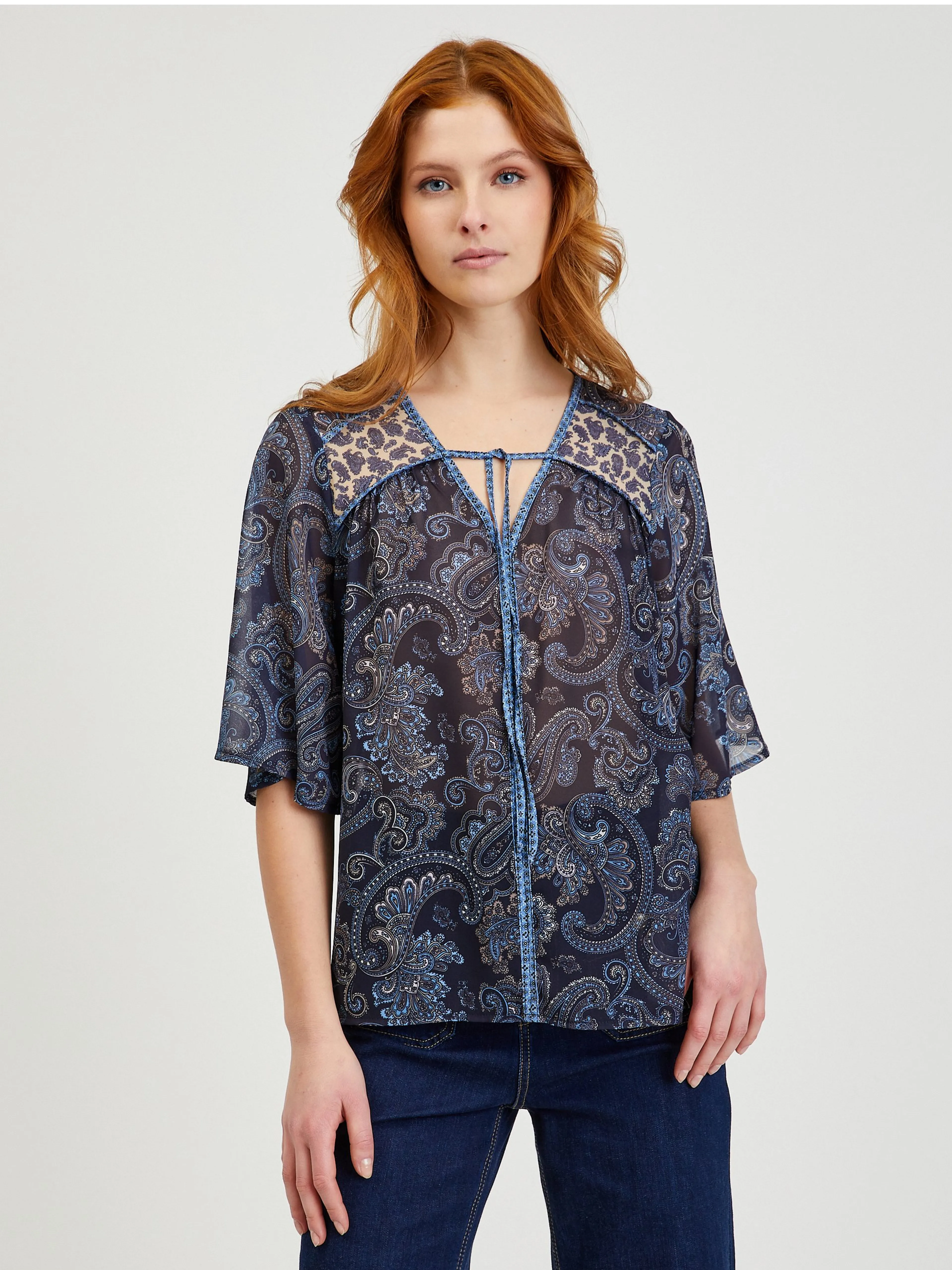 Dunkelblaue gemusterte Damenbluse ORSAY
