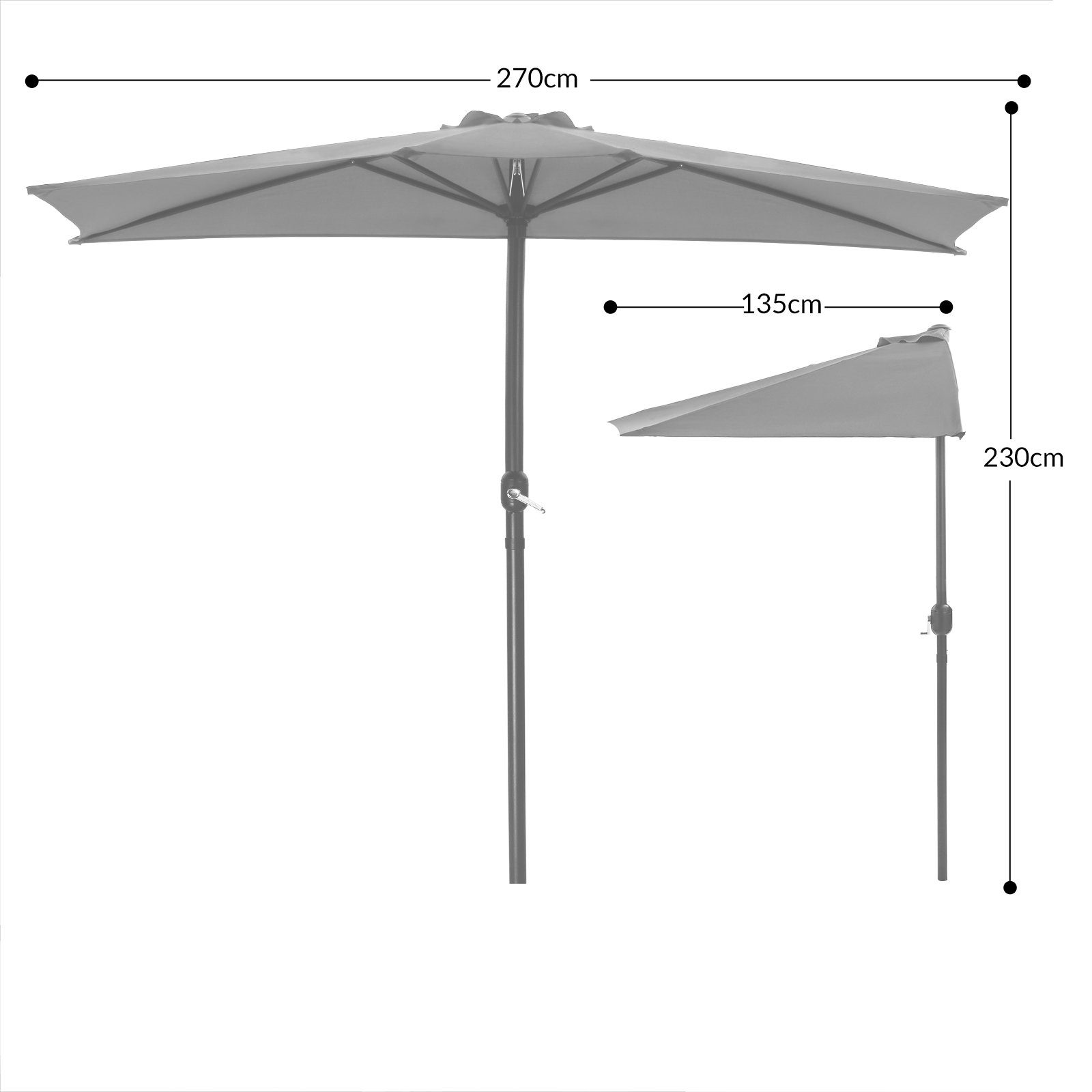 Kingsleeve Sonnenschirm, 270 cm UV Schutz 50+ halbrund Wasserabweisend Leichtgängiges Kurbelsystem Windöffnung für stabilen Stand Stabil Robust Balkonschirm Terrassenschirm Gartenschirm