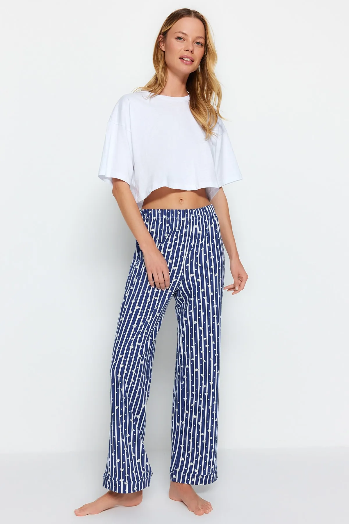 Trendyol Collection  Marineblaue, gestreifte, gestrickte Pyjamahose aus Baumwolle THMSS23PJ00002