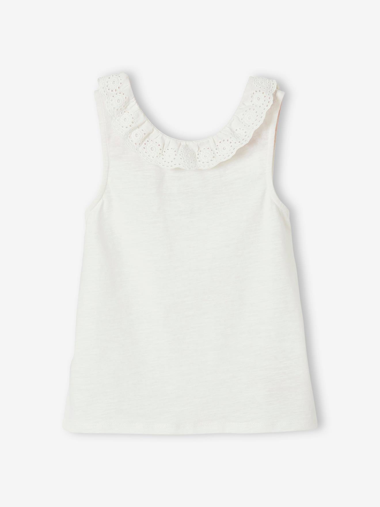Débardeur fille col volanté en broderie anglaise bleu