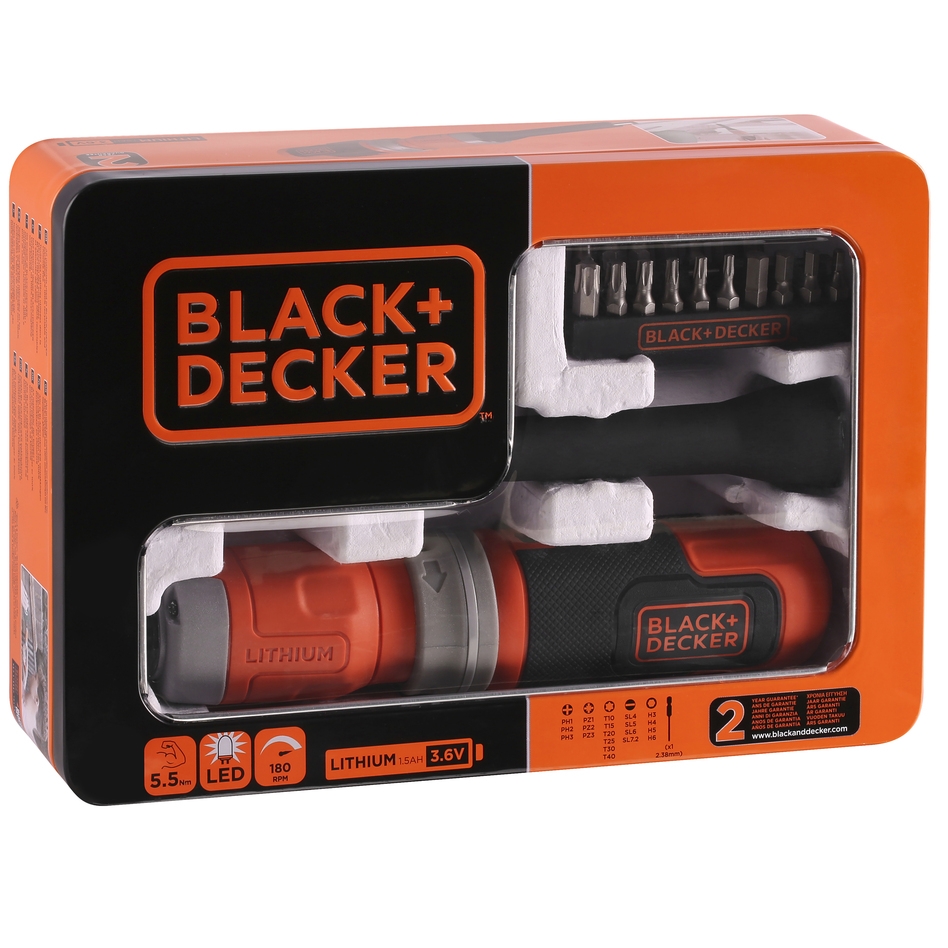 Black & Decker BCF603C-QW In-Line Screwdriver 3.6 Volt with 20 accessories in box