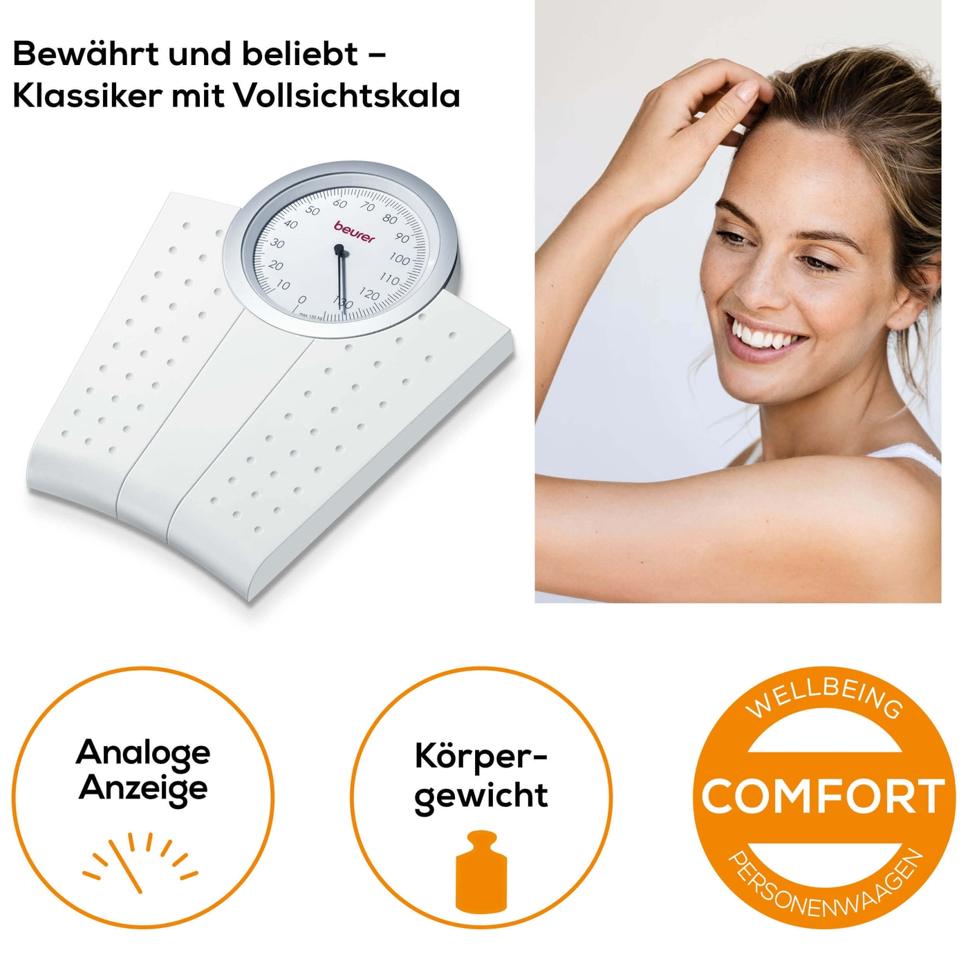 Beurer mechanische Personenwaage - MS 50-Personenwaage mit analoger Gewichtsanzeige in Vollsichtskala & Retro-Design - bis 135 kg
