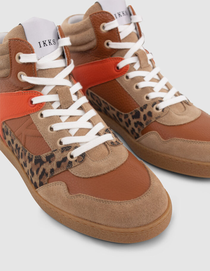 Sneakers beige, orange et motif léopard mix cuir Femme