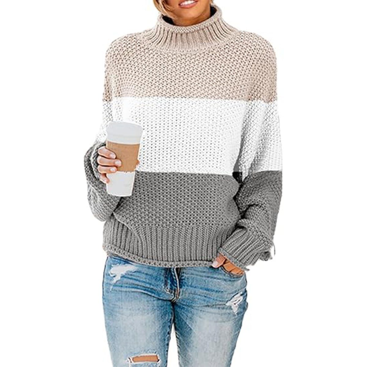 B.X Rollkragenpullover Damen Strickpullover Oversize Lang Warm Rundhals