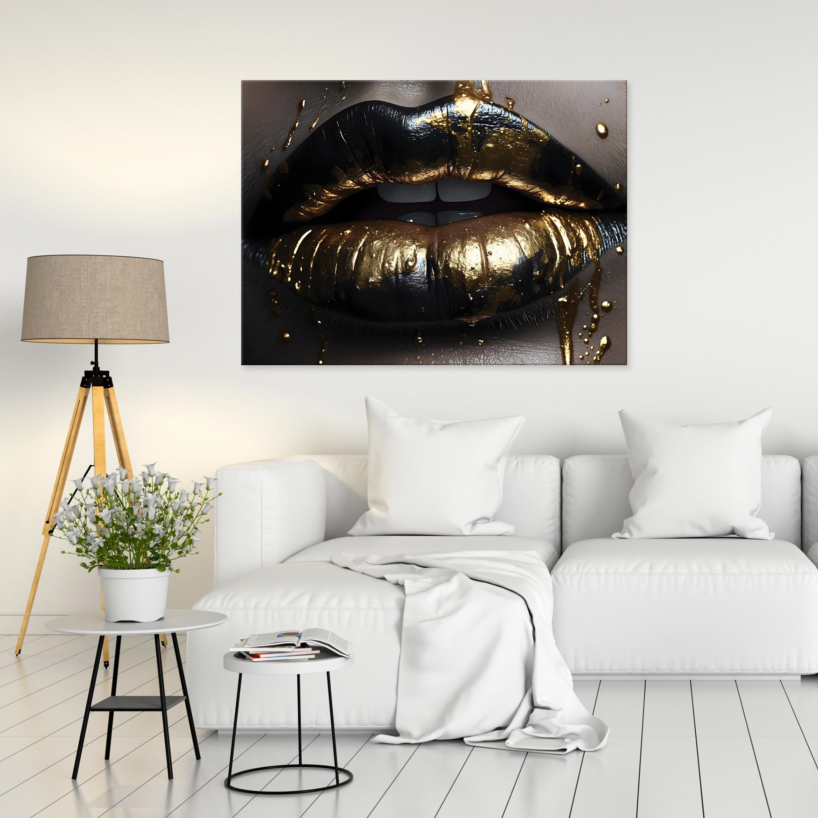 Wallarena Leinwandbild Frau Mund Farbe Gold Sexy Art Kunst Wandbild XXL Leinwandbilder Modern, Abstrakt (Einteilig, 1 St), Leinwandbild Leinwand Bilder Bild Groß Aufhängefertig
