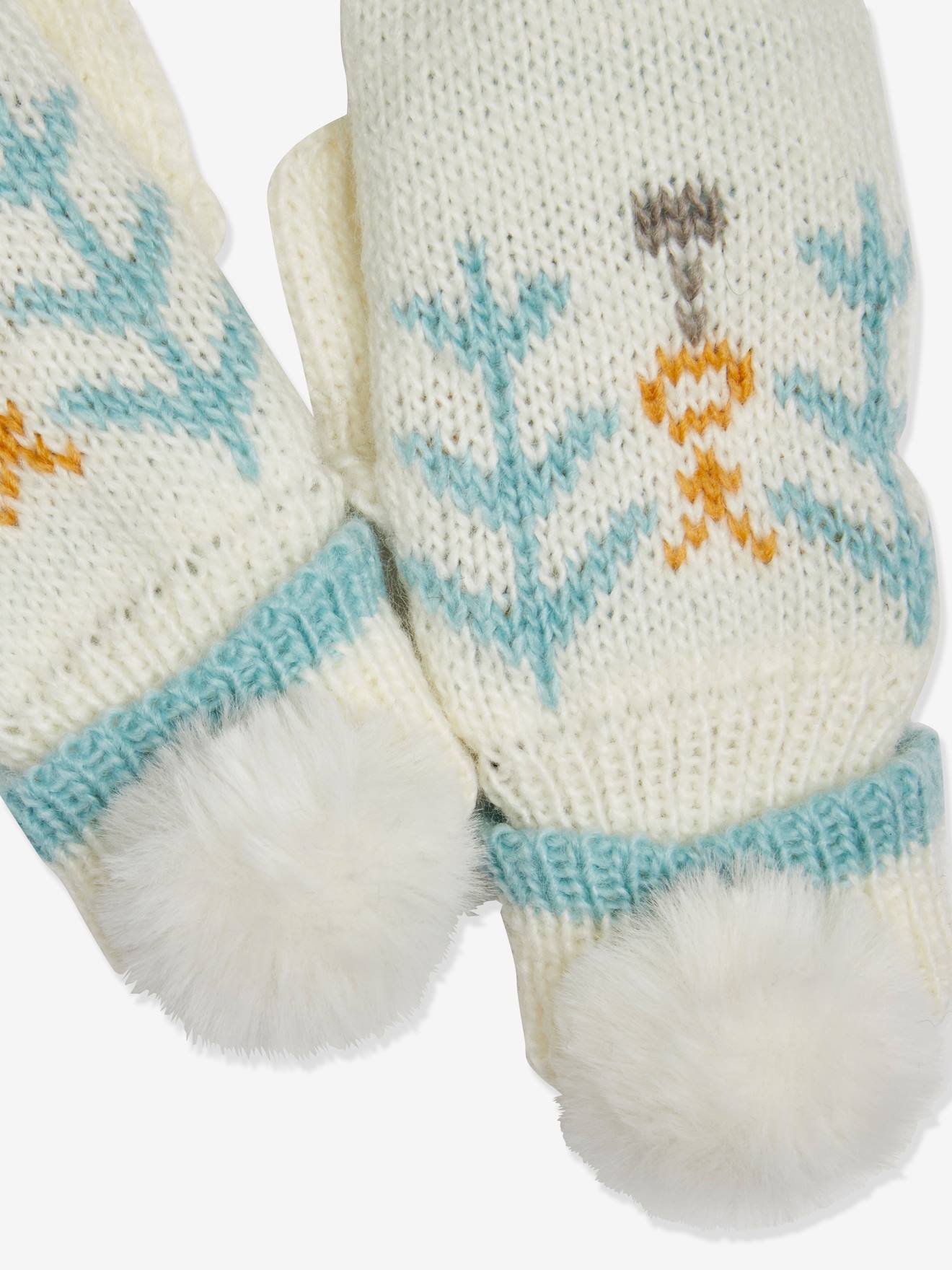 Gants fille en maille jacquard et pompons en fausse fourrure beige imprimé