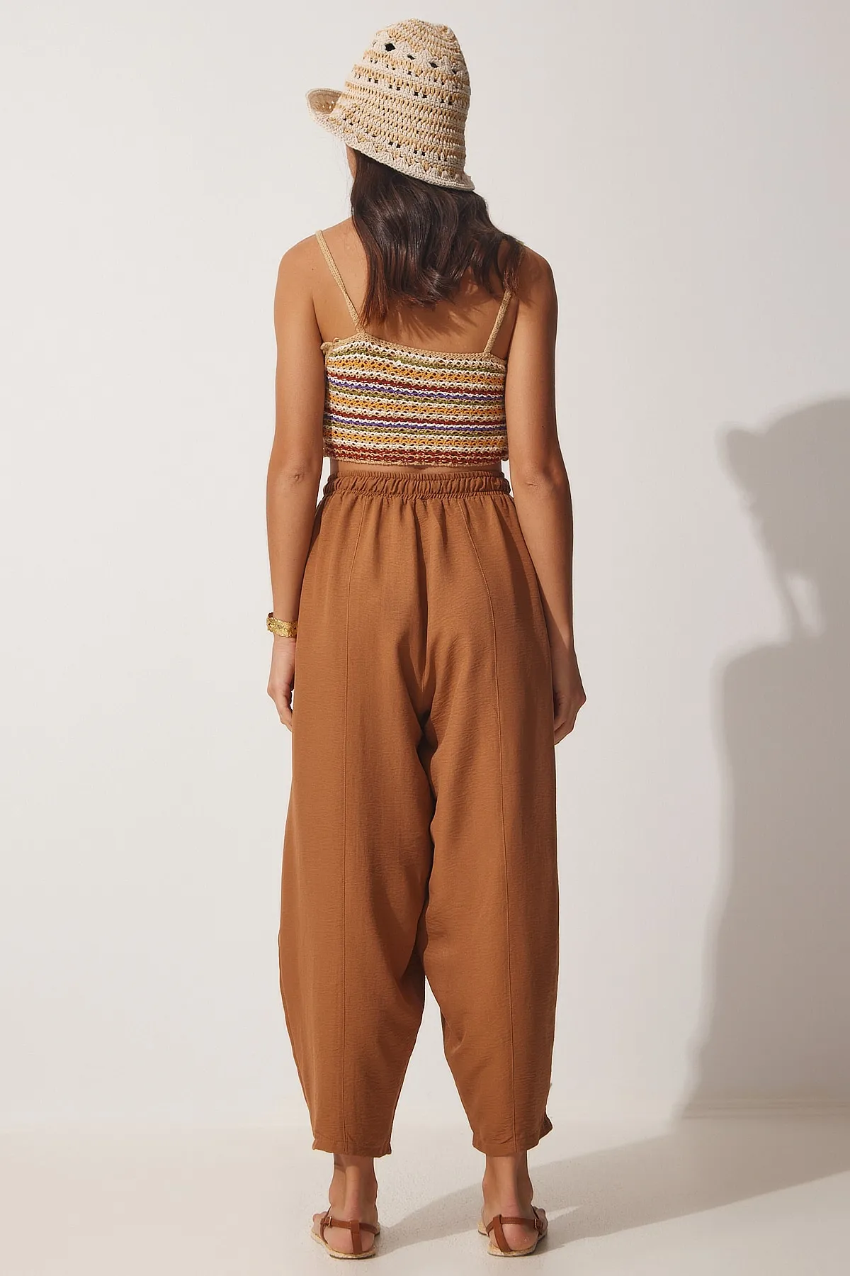 Happiness İstanbul  Damen-Shalwar-Hose aus Leinen-Viskose mit Taschen in Kamelfarben CV00001