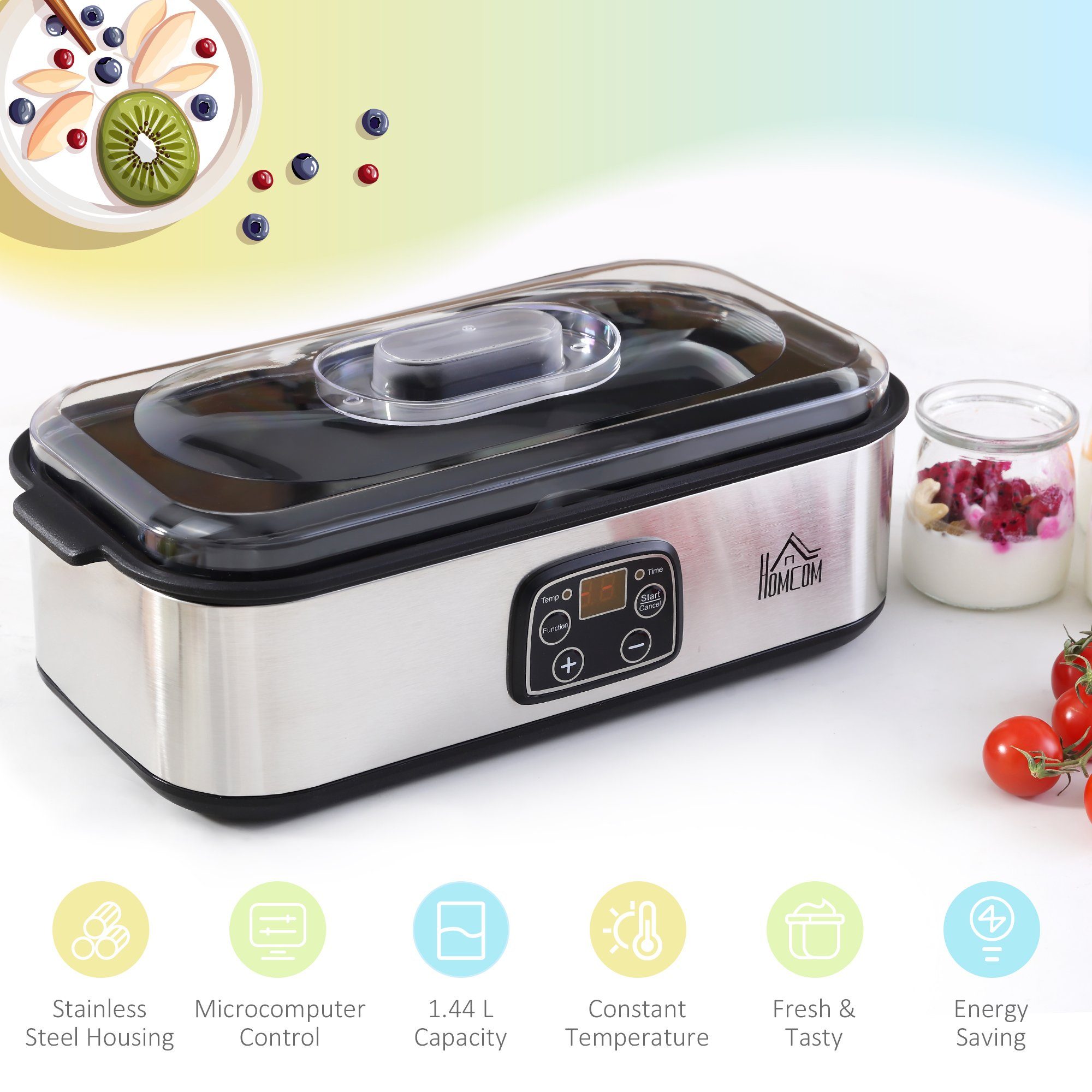 HOMCOM Joghurtbereiter Joghurtbereiter, 8 Portionsbehälter, je 180 ml, Joghurtmaschine 8 Joghurtgläser einstellbar PC PP Silber