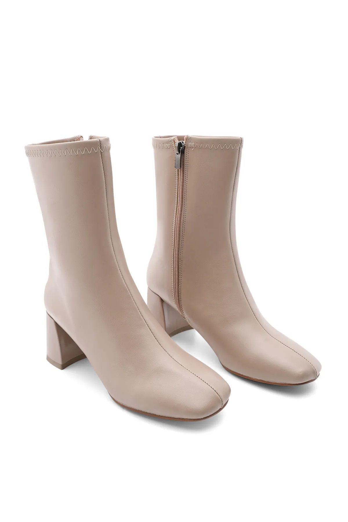 Marjin  Damenstiefel mit Absatz Blunt Toe Reißverschluss Nonas Beige