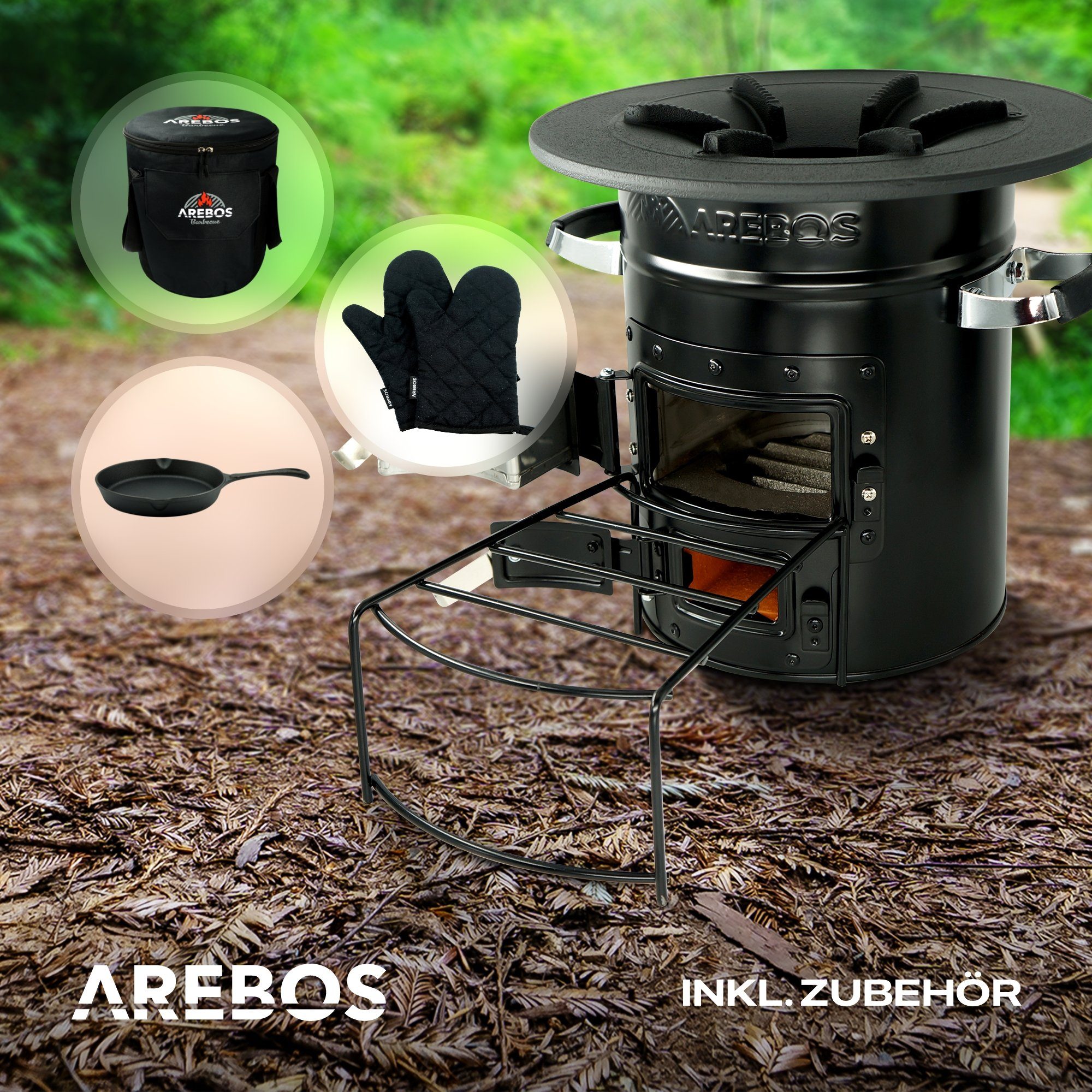 Arebos Feuerstelle Raketenofen inkl. Grillpfanne Dutch Oven BBQ, (Stück, Set)