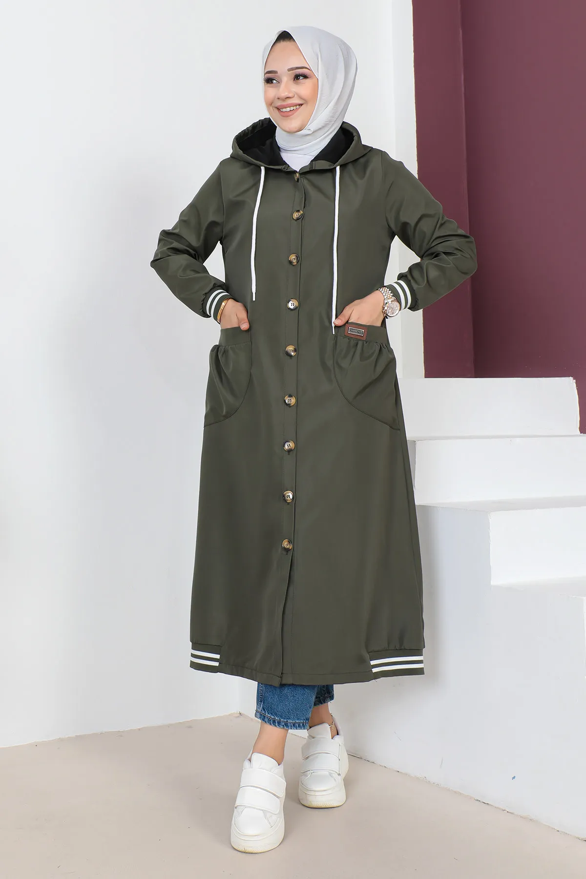 Tesettür Dünyası  Gerippter Trenchcoat TSD230638 Khaki