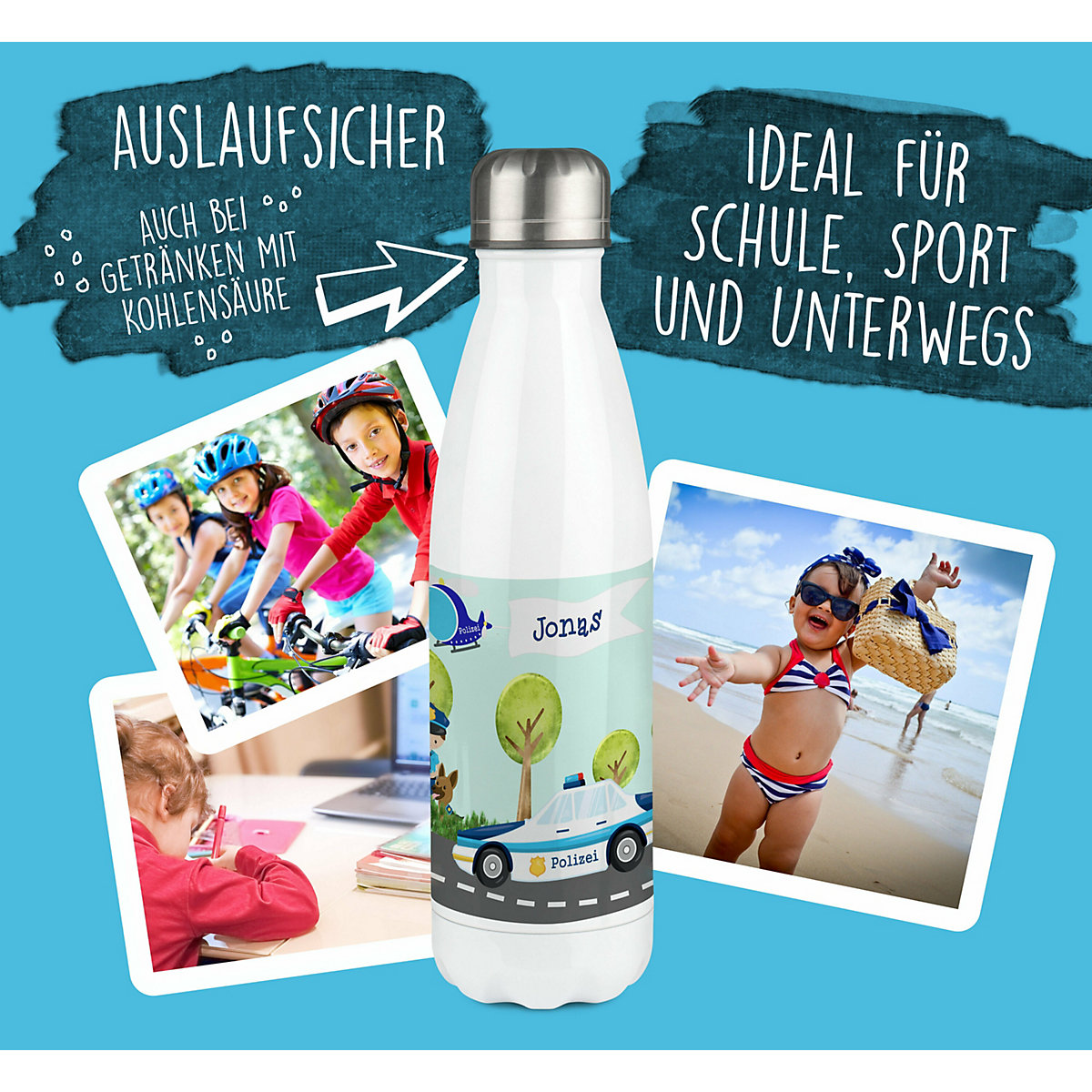Edelstahl Kinder Thermoflasche / Trinkflasche bunt Polizei Spülmaschinenfest, Auslaufsicher, Bruchfest, Doppelwandig, Für Heißgetränke geeignet, Mit Deckel, Isoliert