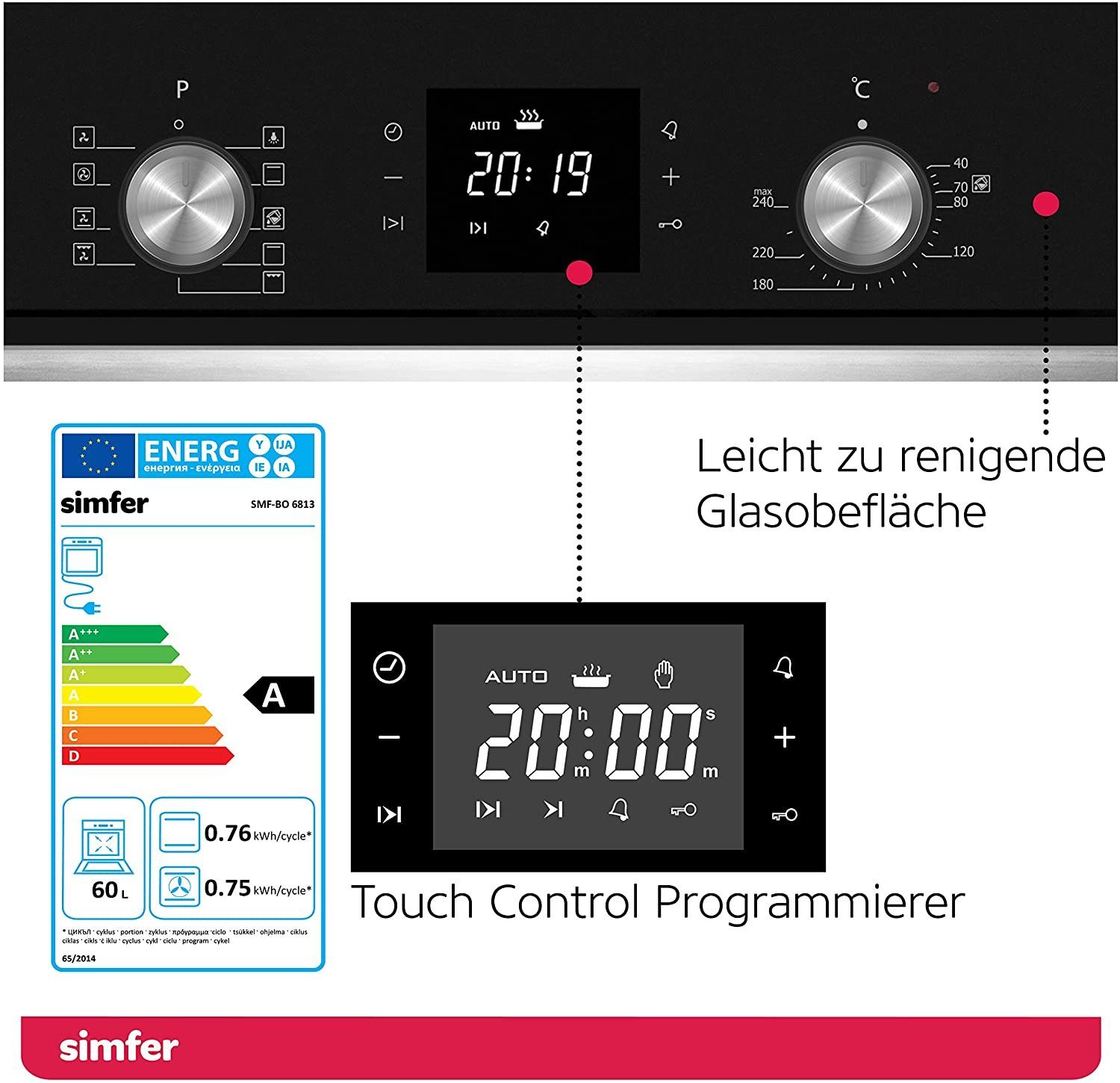 Simfer Einbaubackofen SMF-BO 6813, 60 L, 9 Funktionen, 2-fach Verglasung, mit 1-fach-Teleskopauszug, Dampfreinigung, Digitaler Timer, Versenkbare Drehknöpfe, Seitengitter