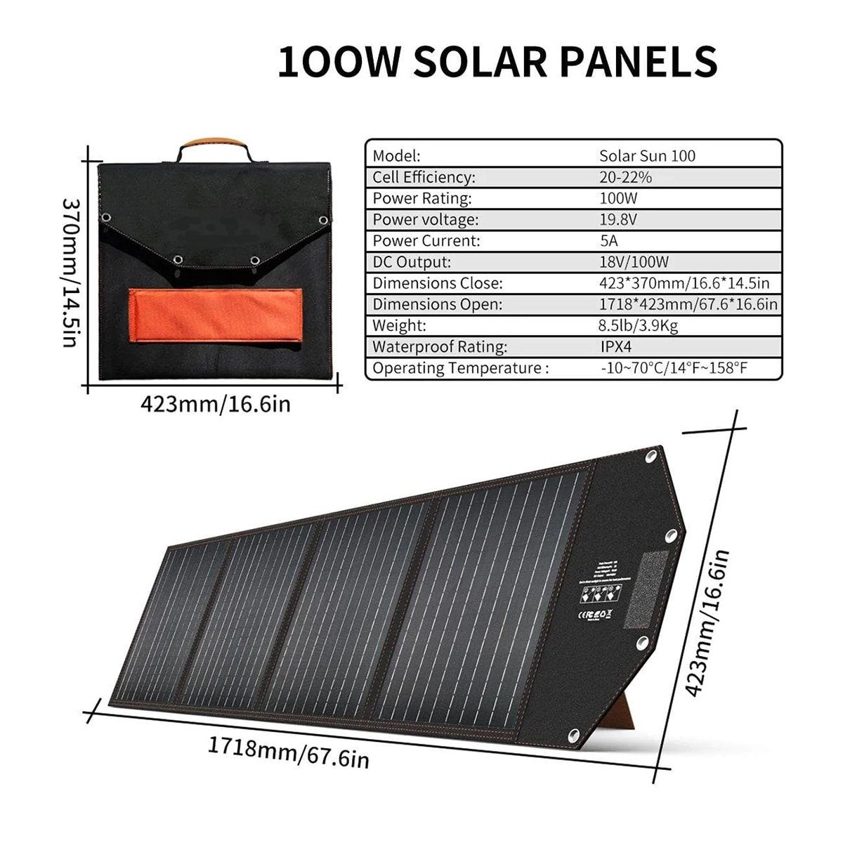 Hyrican Solarmodul Solar Modul PV-100X1 100Watt / 18V Solarpanel für Powerstation, 100 W, (1-St), für UPP-600 & UPP-1200, faltbar, DC-Anschluss für 7909 Ladebuchse