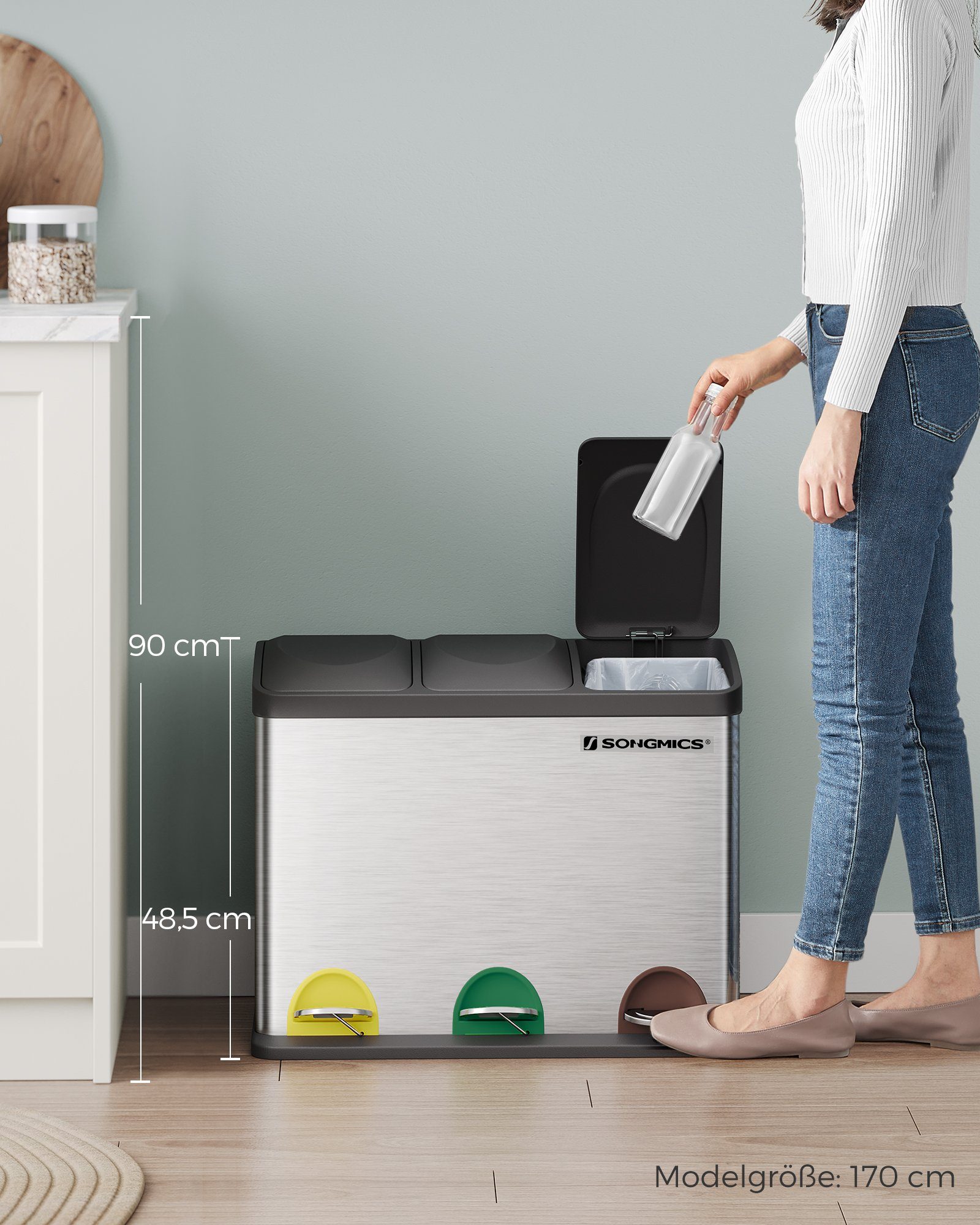SONGMICS Mülleimer Mülltrennsystem, Abfalleimer, Edelstahl, 45 L