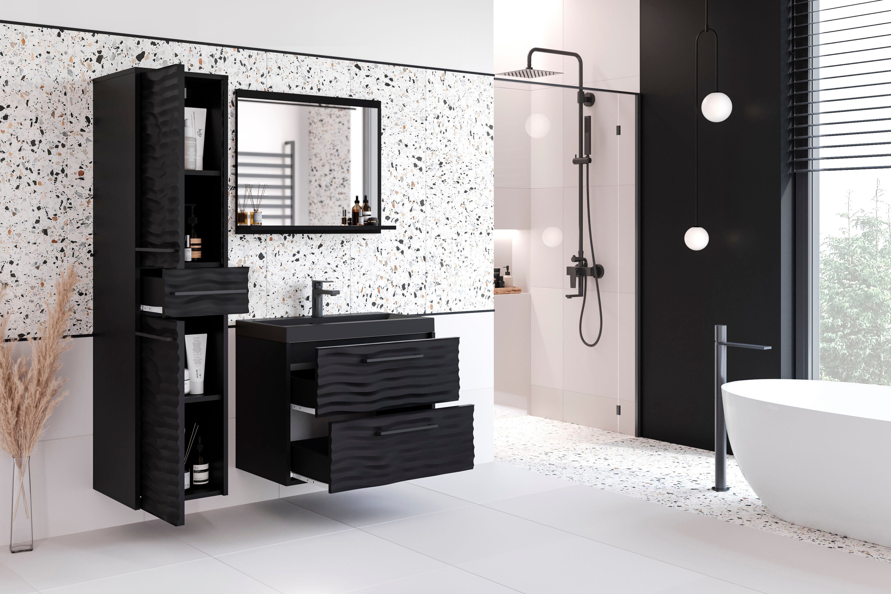 welltime Badmöbel-Set Canada, (Komplett-Set, 3-St., Fronten mit Wellenstruktur), Badmöbel mit Soft-Close, Waschtisch mit Becken, Spiegel und Badschrank