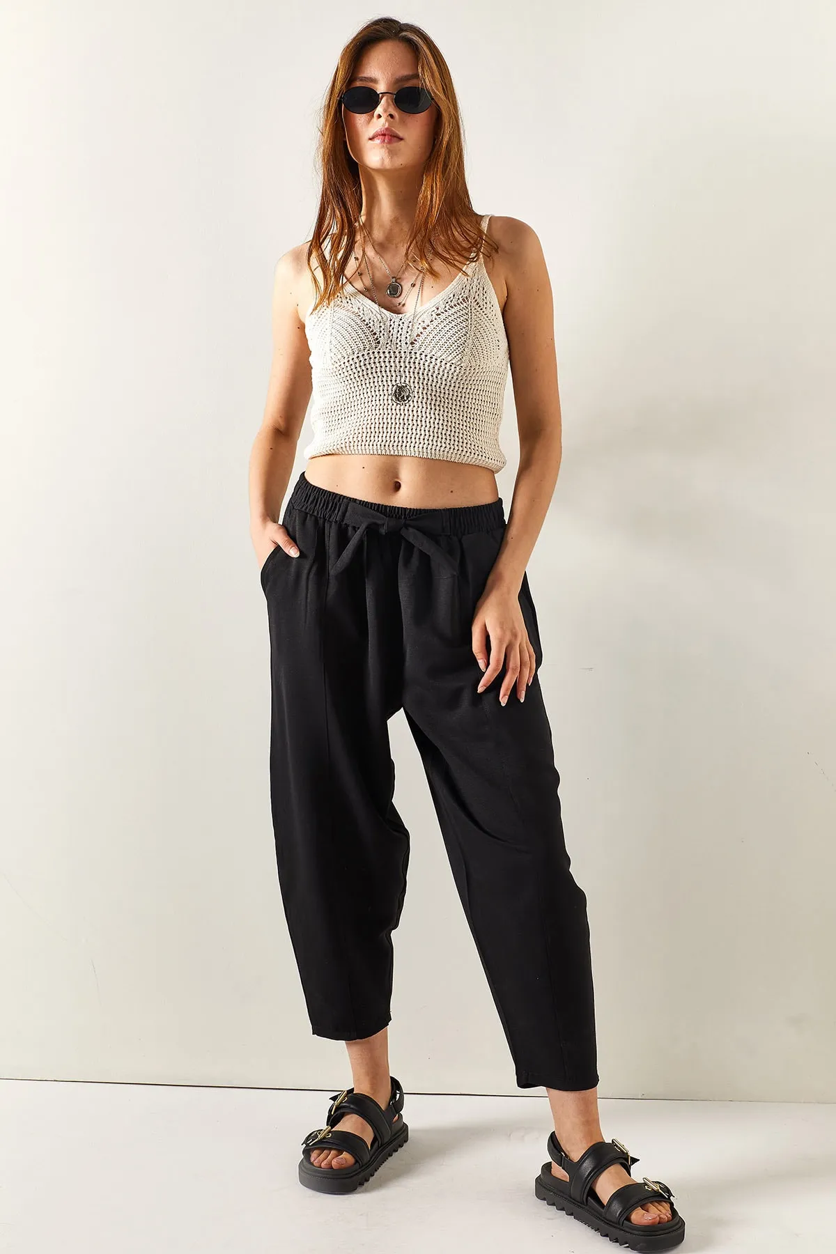 Olalook  Schwarze Damen-Shalwar-Hose aus Leinen mit Taschen und Nähten, PNT-19000234