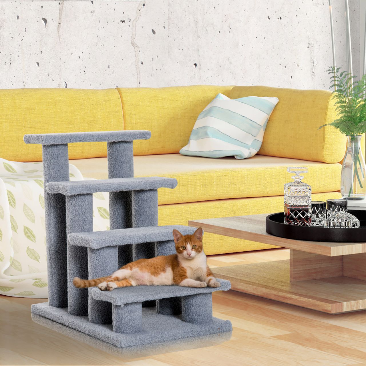 PawHut Tiertreppe Katzentreppe Hundetreppe Treppe für Katze und Hunde 4 Stufen Beige/Grau 63,5x43x60cm