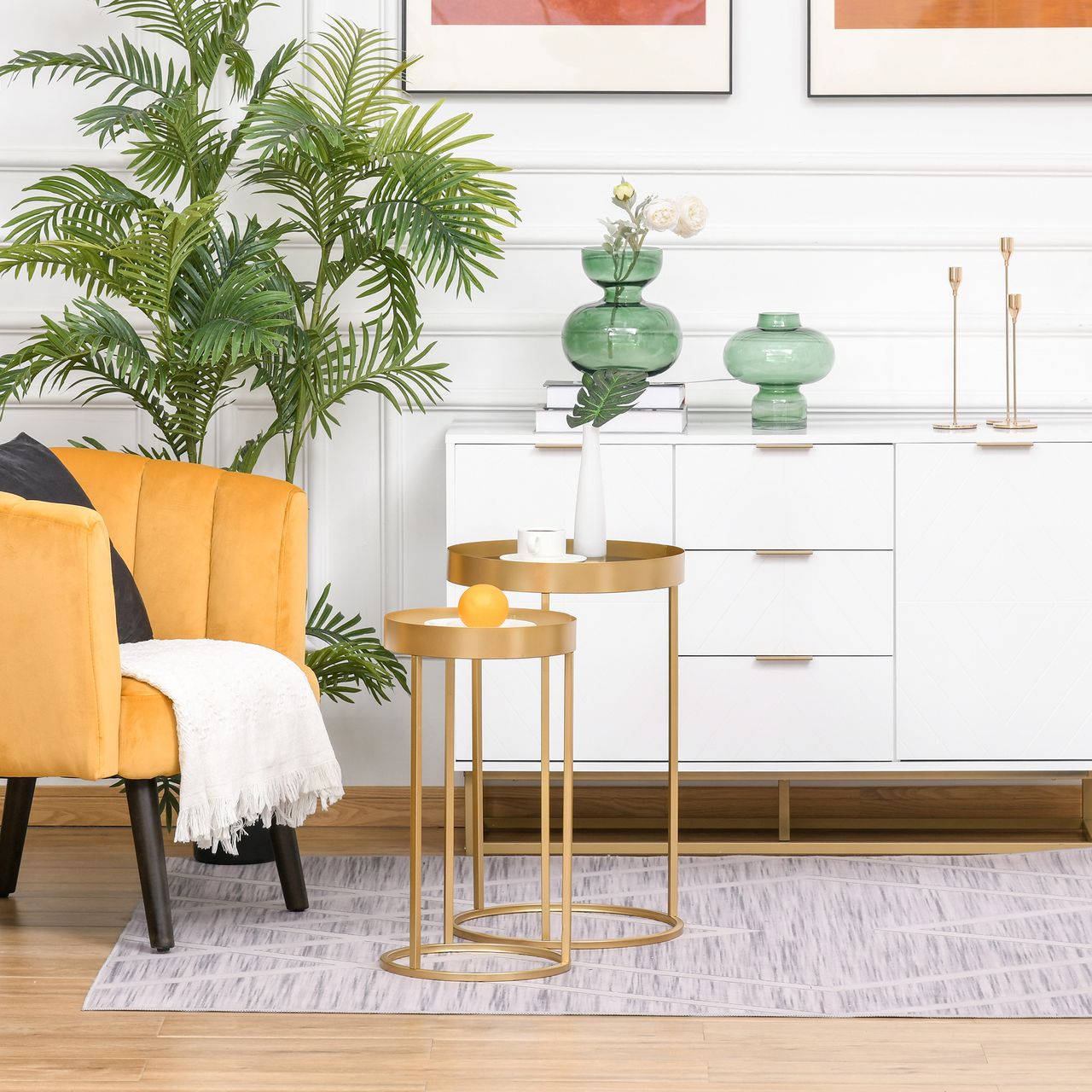 HOMCOM 2er Set Couchtisch Beistelltisch mit erhöhtem Rand Rund Sitztisch Kaffeetisch mit golden Metallgestell Wohnzimmertische für Wohnzimmer Schlafzimmer Retrodesign MDF Metall Gold