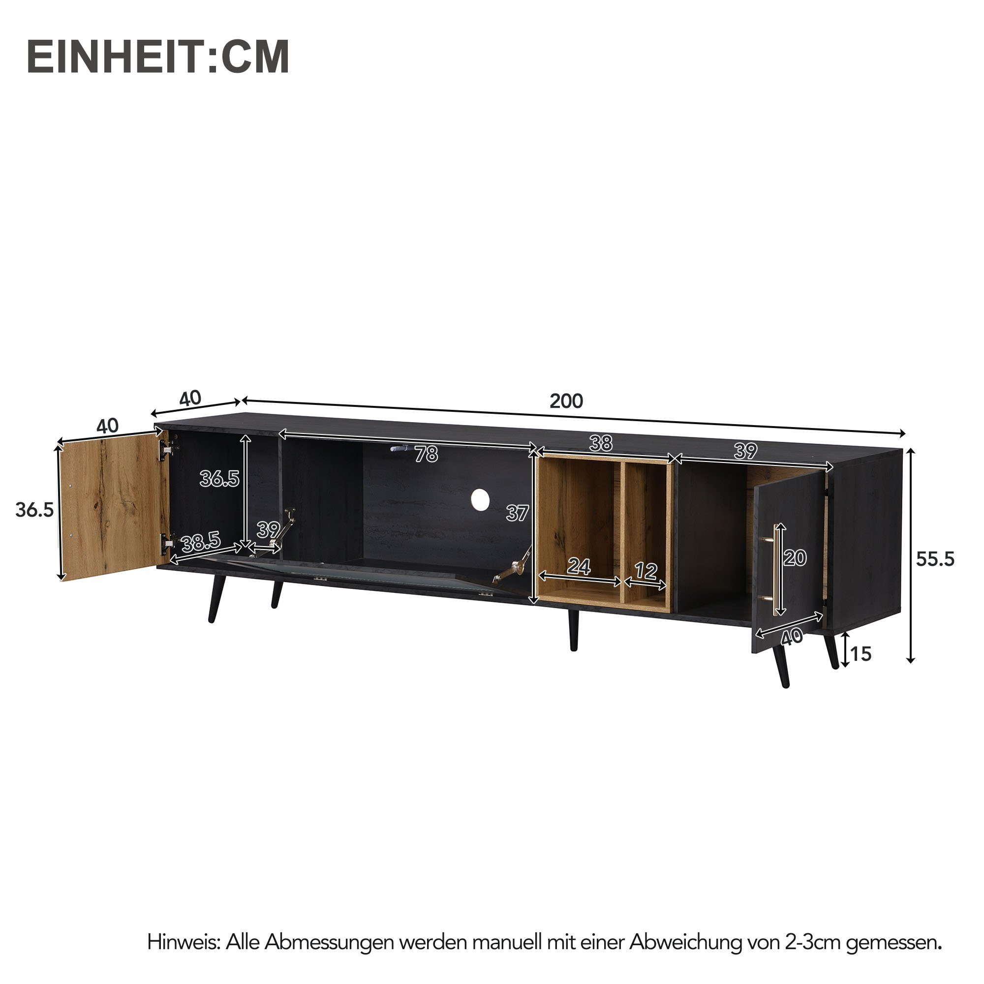 Merax Lowboard mit Klapptür aus Glas und abnehbarem Fach, TV-Schrank mit großen Stauraum, Breite 200cm