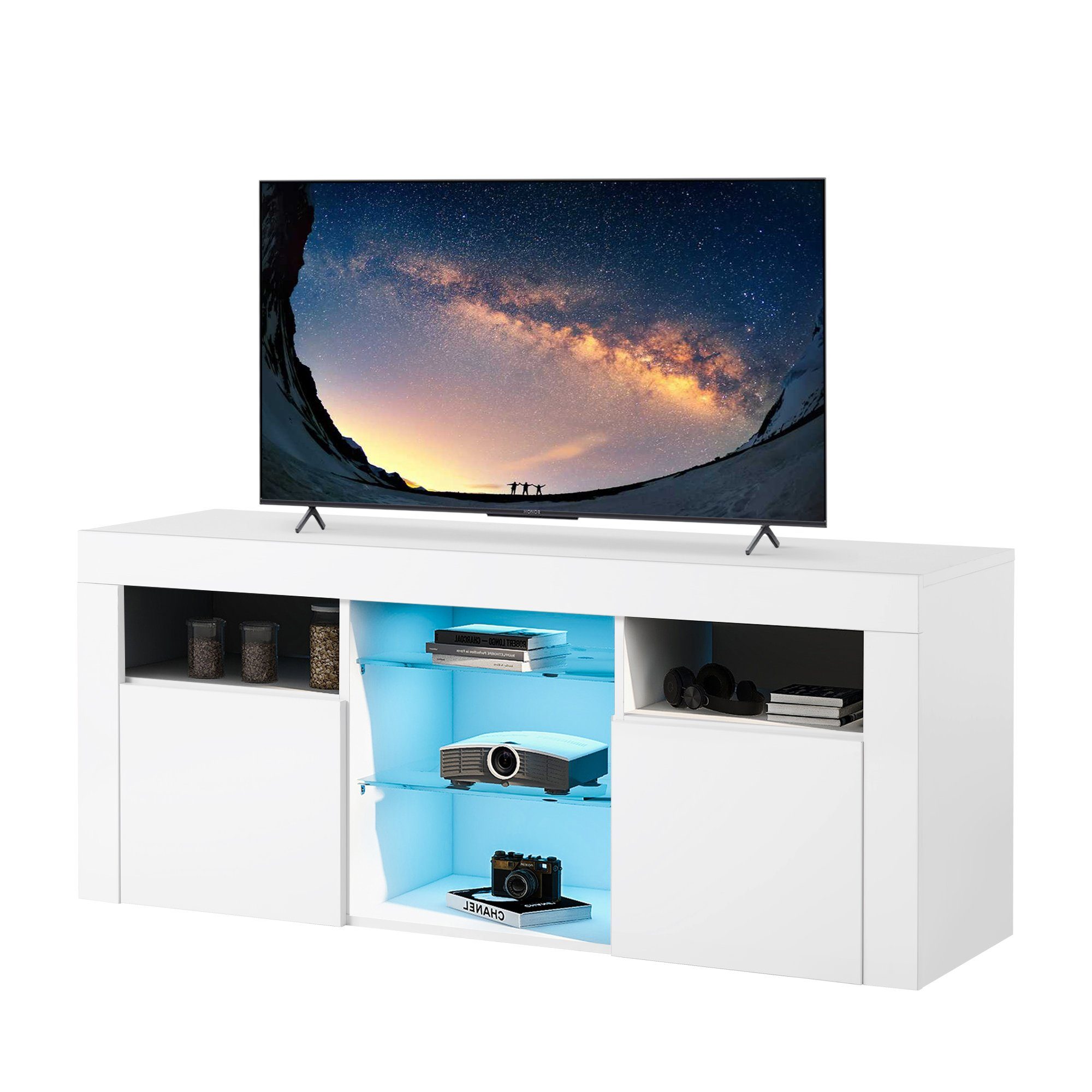 Fangqi Lowboard LED-TV-Ständer 120 cm Schranktisch, mit 16-Farben-LED-RGB-Leuchten (Fernbedienung, 4 Blitzeffekten, TV-Board,TV Schrank Fernsehtisch Fernsehschrank, Moderne TV-Einheit), Aufbewahrung (5 großen offenen Regalen und 2 Schränken mit Türen