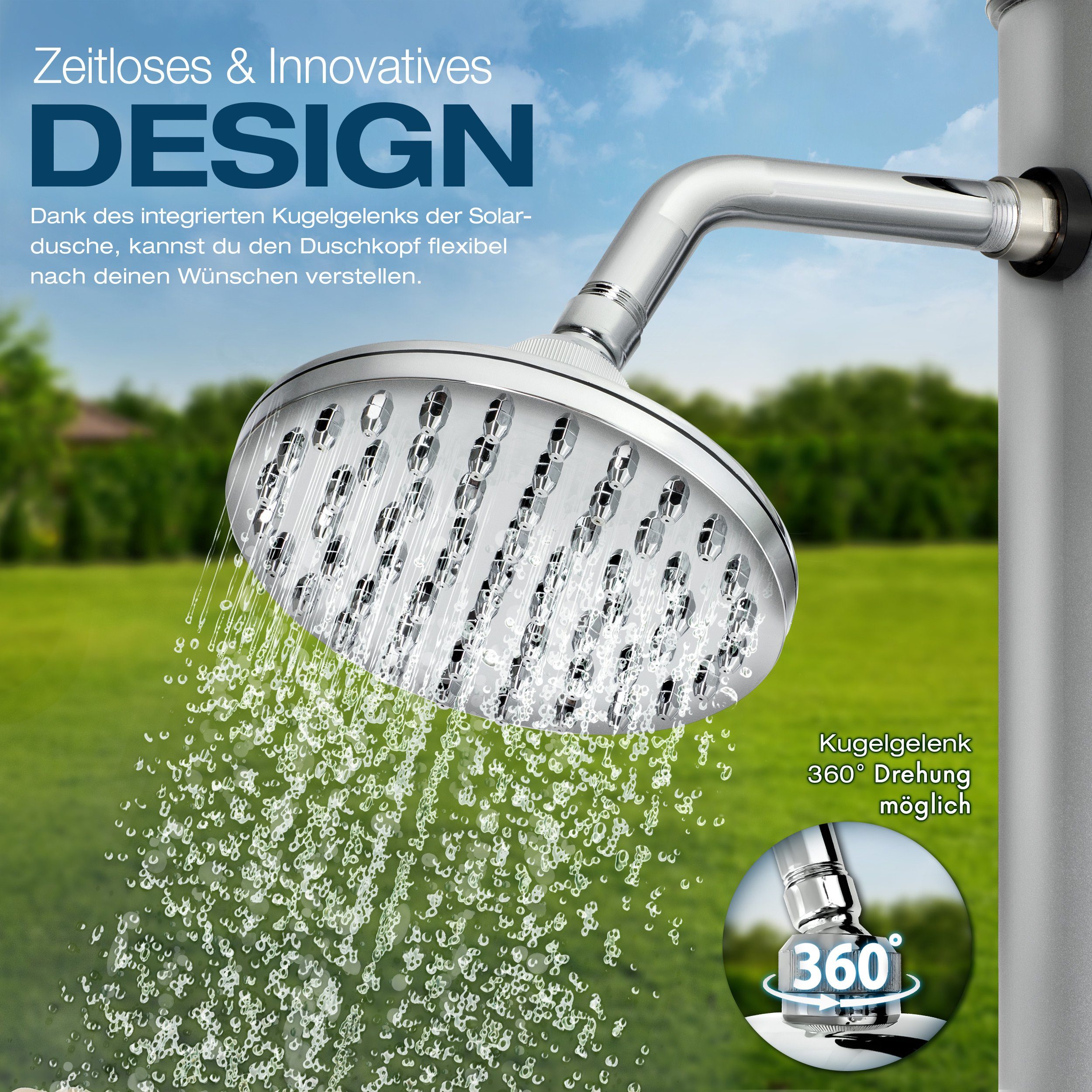 tillvex Solardusche 40 Liter inkl. Schutzhaube Solar Garten-dusche (mit Wasserhahn und Regenduschkopf Gartenschlauch-Anschluss), warmes Wasser Pooldusche Camping, ohne Stromanschluss