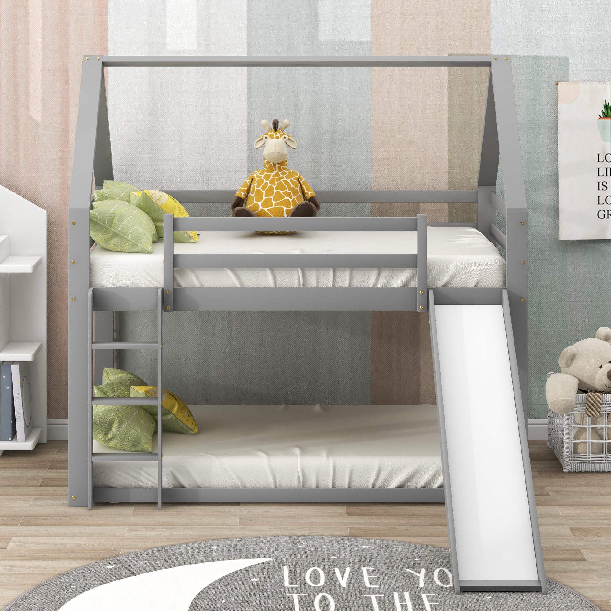WISHDOR Kinderbett Kinderbett Hausbett Etagenbett Bett (mit Rutsche und Leiter, 90x200cm), Ohne Matratze