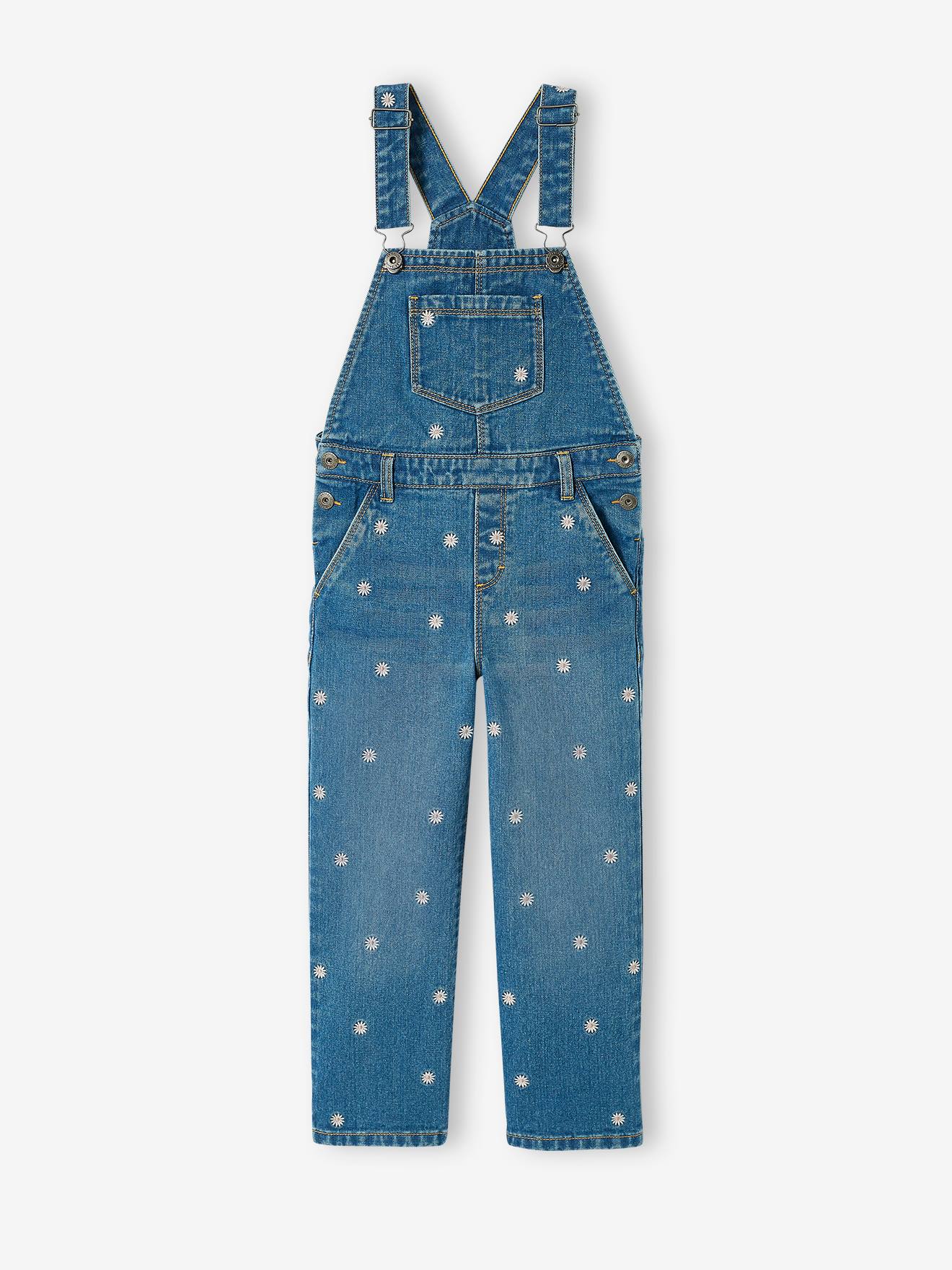 Salopette en jean brodée fleurs fille jambes larges stone