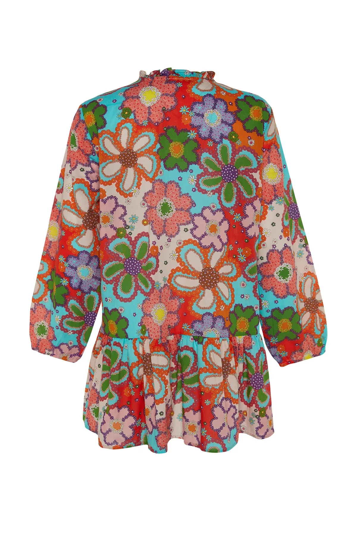 Trendyol Collection  Weit geschnittenes Mini-Strandkleid aus 100 % Baumwolle mit Blumenmuster und gewebten Quasten TBESS22EL0017