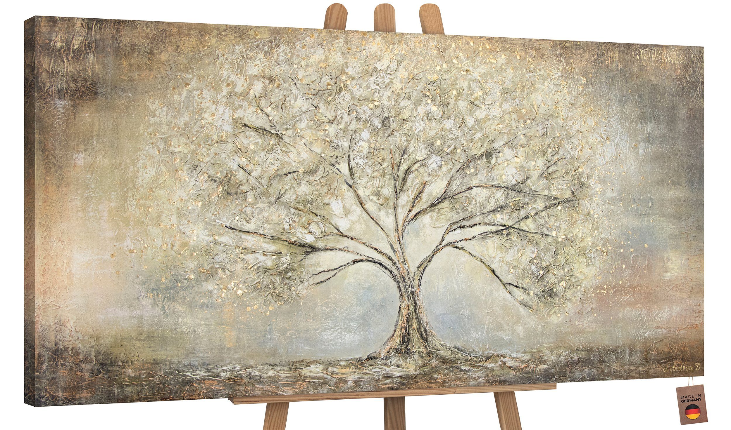 YS-Art Gemälde Goldbaum, Abstrakte Bilder, Leinwand Bild Handgemalt Gold Baum Stammbaum Braun