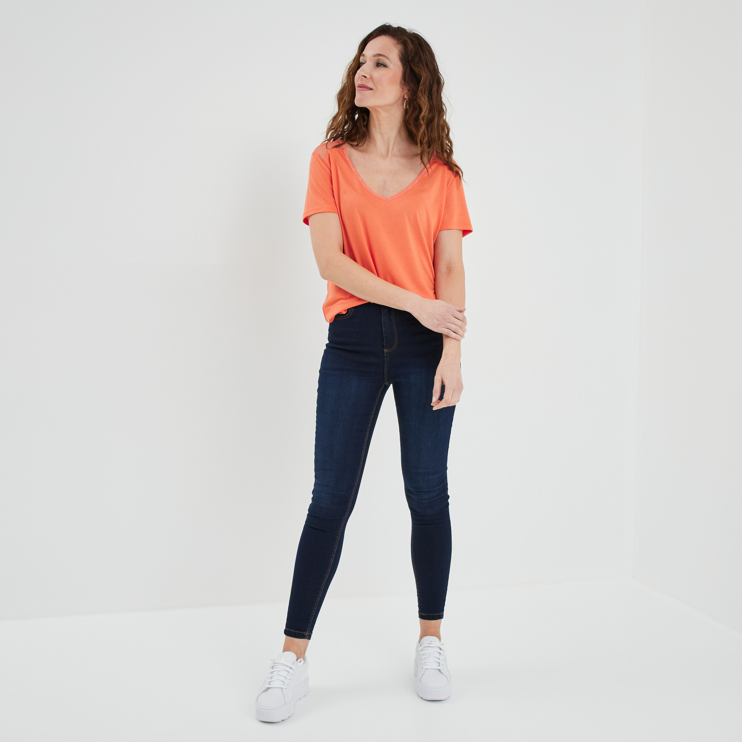 T-shirt manches courtes à col en V orange corail femme | La Halle