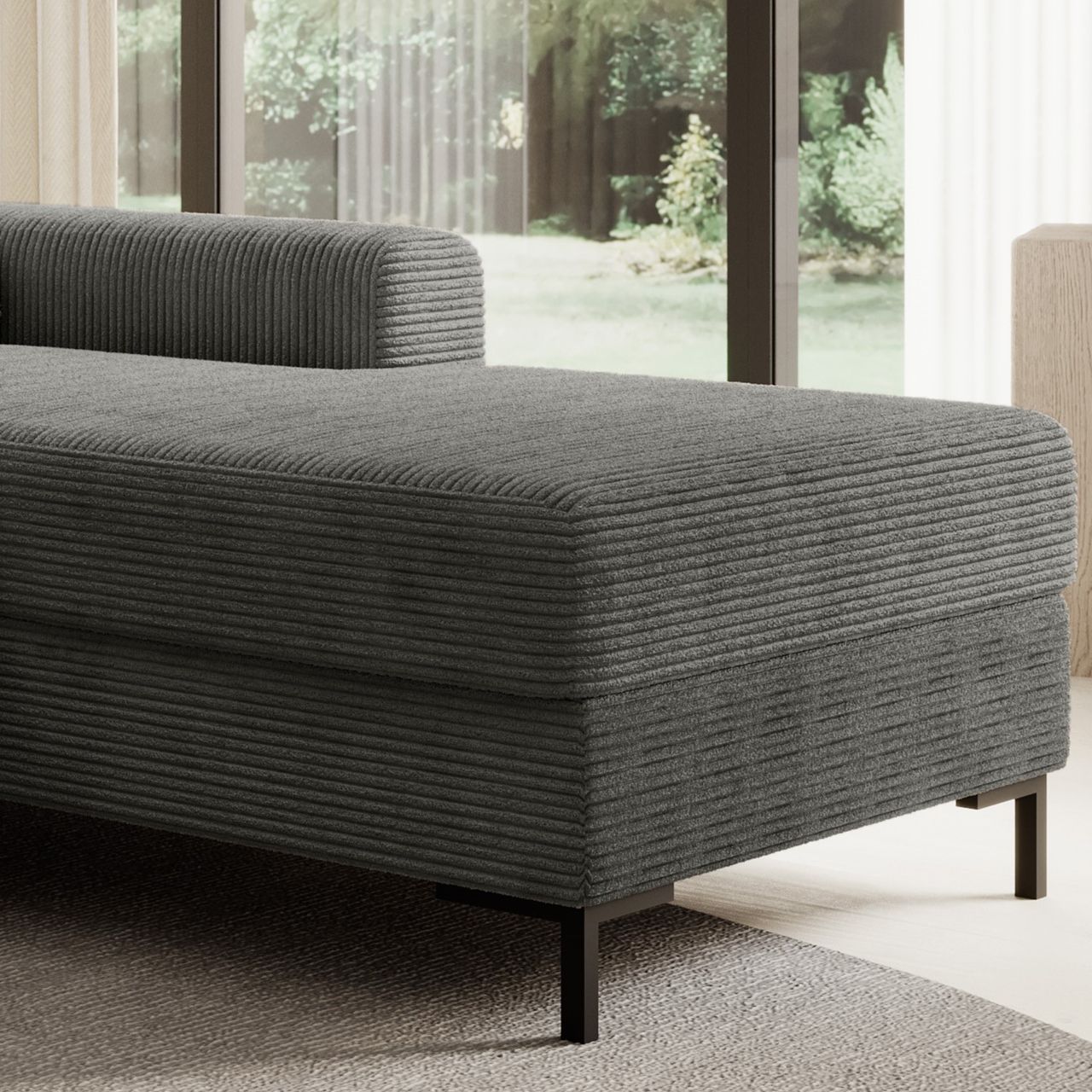 Möbel Punkt Ecksofa SAIGON Cord Anthrazit Grau mit Bettfunktion und Bettkasten Ottomane rechts