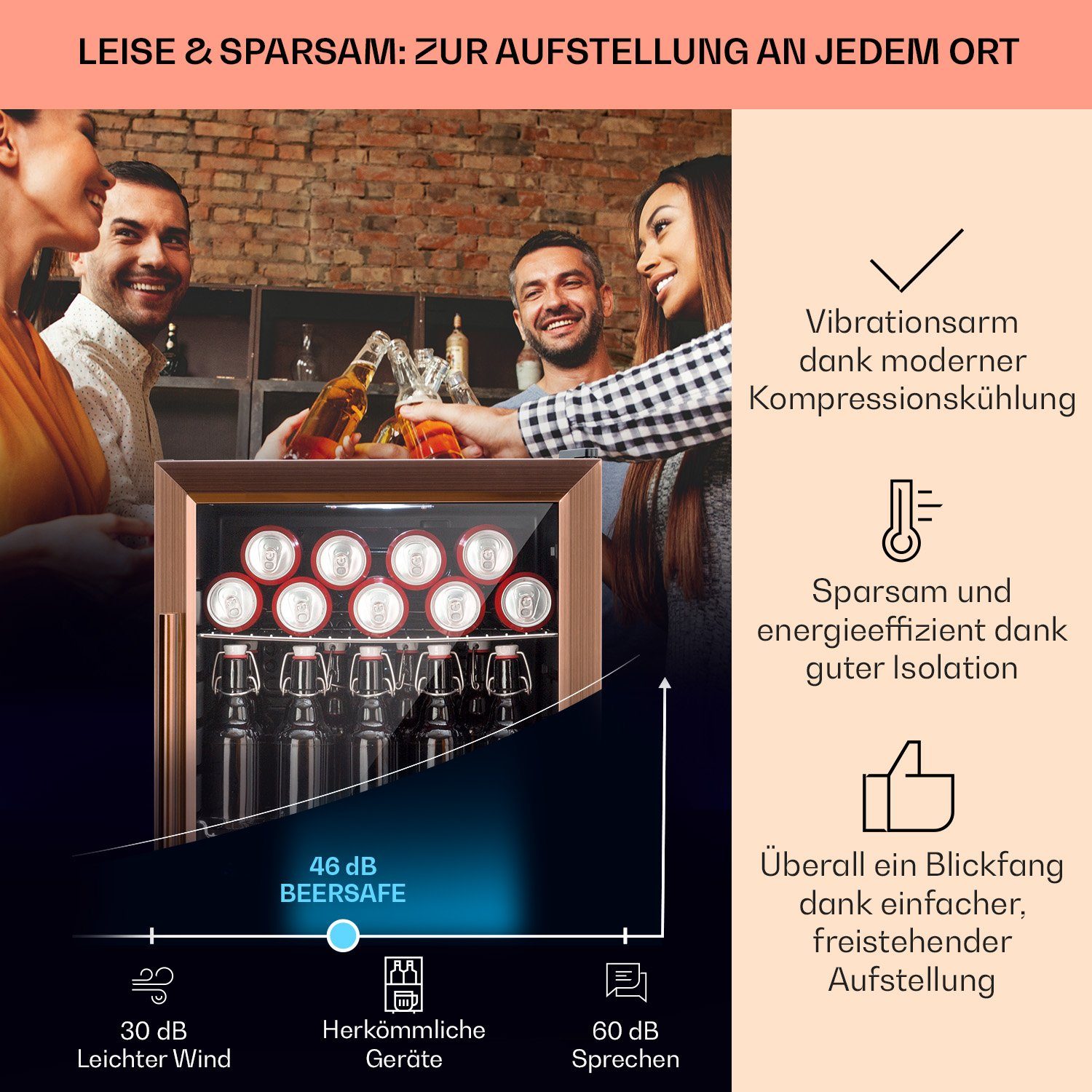 Klarstein Getränkekühlschrank HEA-Beersafe-XL-copp 10041891, 63 cm hoch, 47 cm breit, Bierkühlschrank Getränkekühlschrank Flaschenkühlschrank mit Glastür