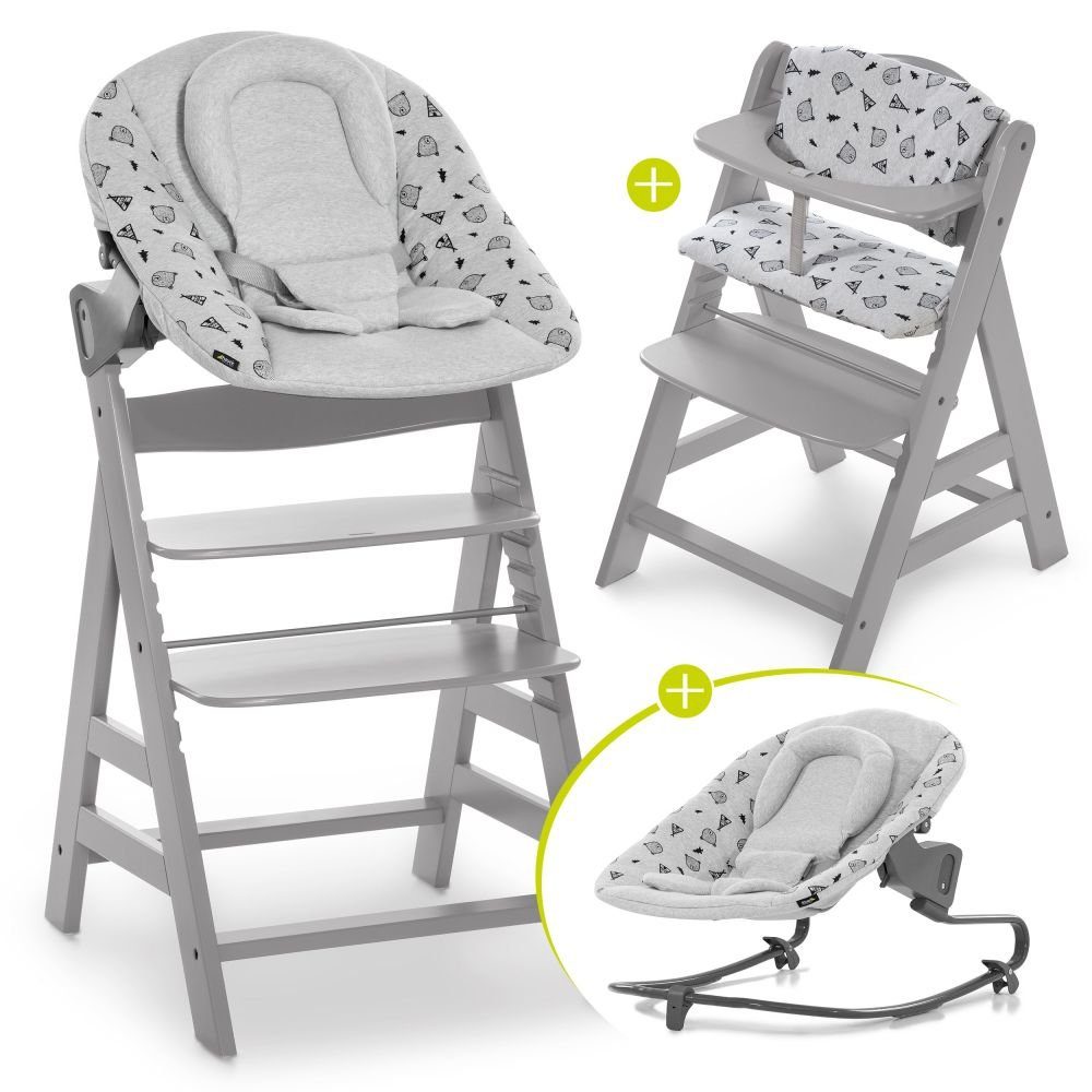 Hauck Hochstuhl Alpha Plus Grau Newborn Set (Set, 4 St), Baby Holz Hochstuhl ab Geburt mit Liegefunktion - inkl. Aufsatz für Neugeborene (Wippe) Premium & Baumwoll Sitzauflage - mitwachsend, höhenverstellbar
