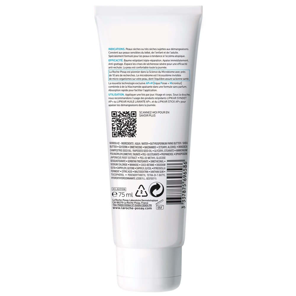 La Roche-Posay Lipikar Baume AP+M relipidant triple réparation 75ml Baume texture crème pour peaux sèches àtendance eczema atopique