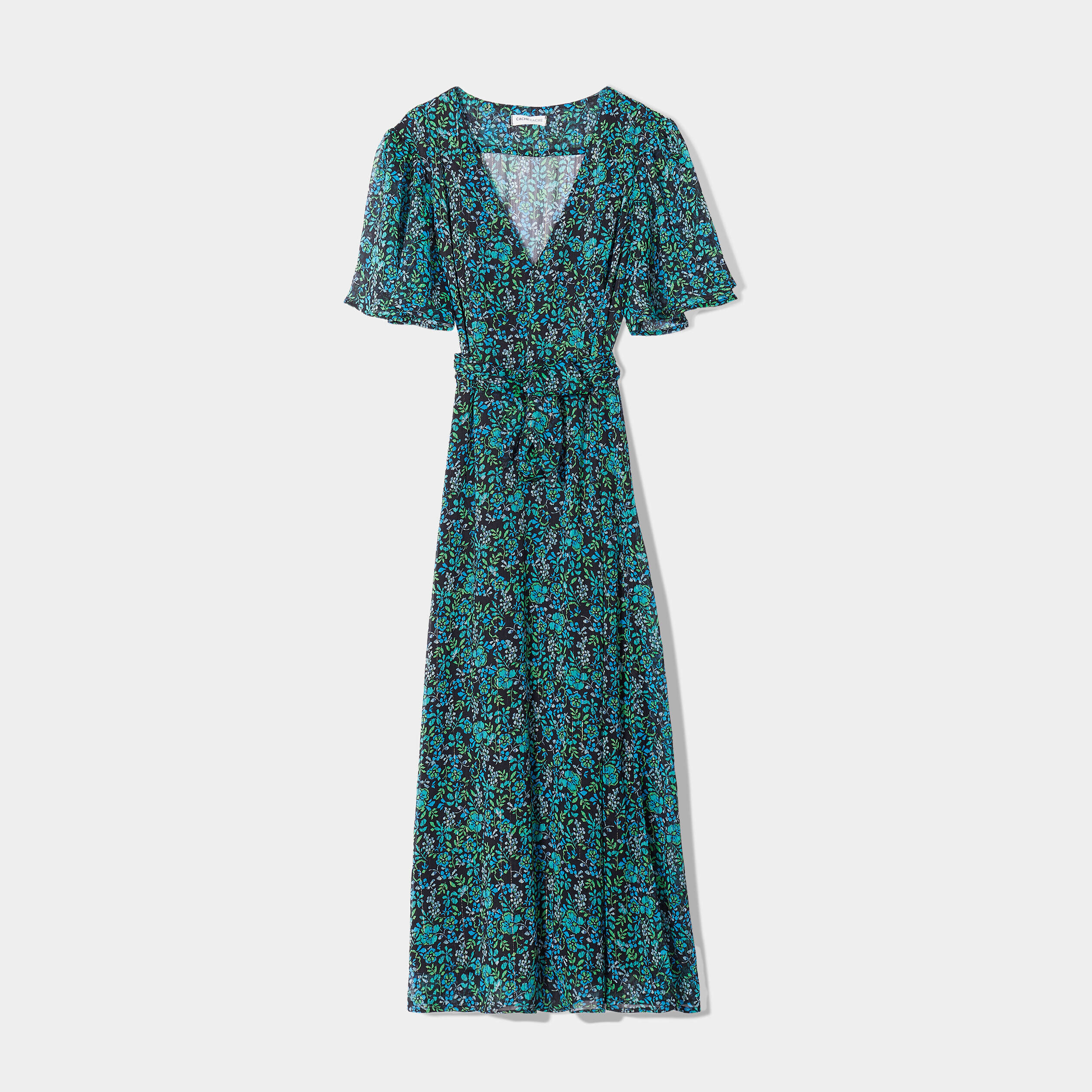 Robe longue évasée col en V vert femme | Cache Cache