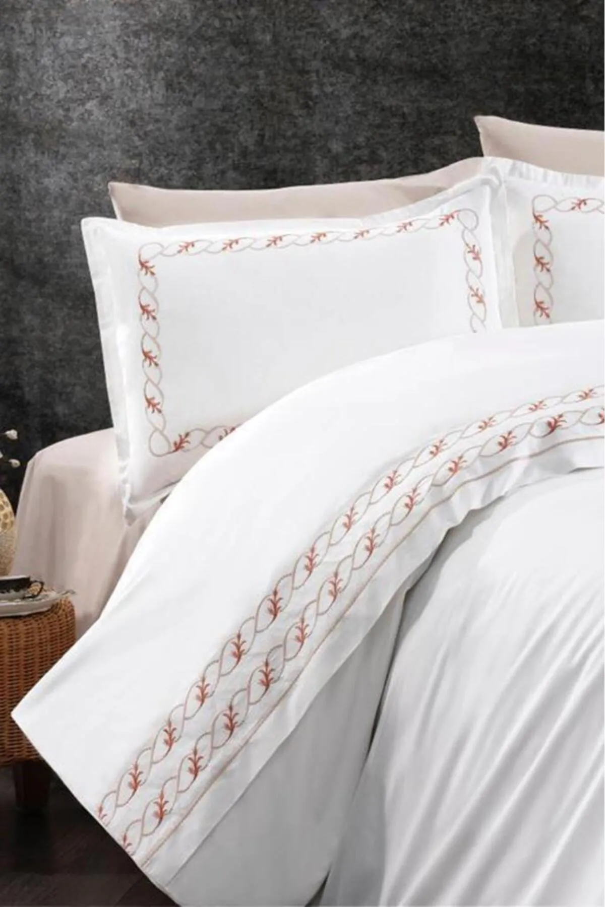 Çeyiz Diyarı  Bettwäscheset für Doppelbett, 100 % Baumwolle, mit Tulpenstickerei, Zimt