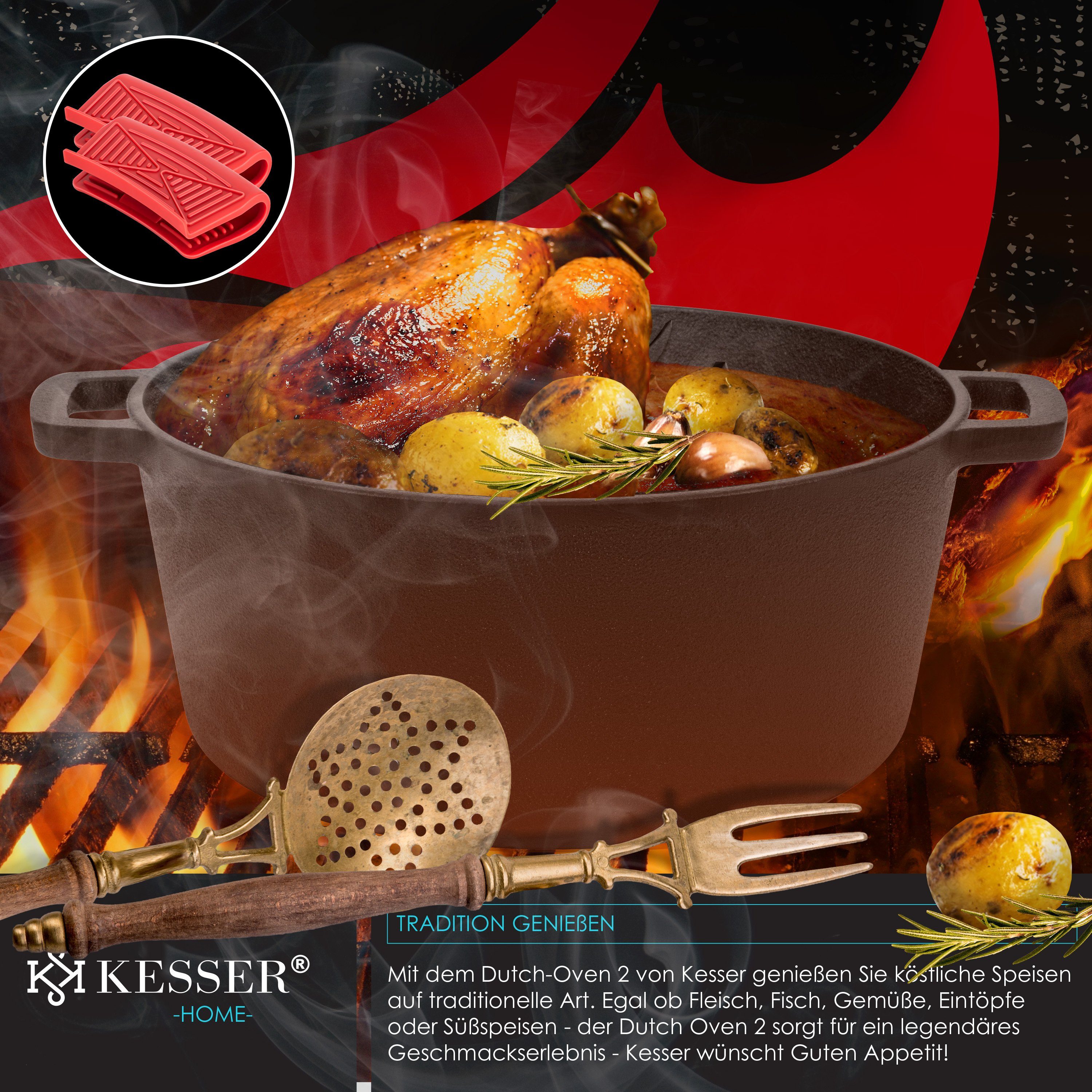KESSER Feuertopf, Gußeisen, Dutch Oven 2in1 Gusseisen Topf 4,8L und Pfanne 1,8L