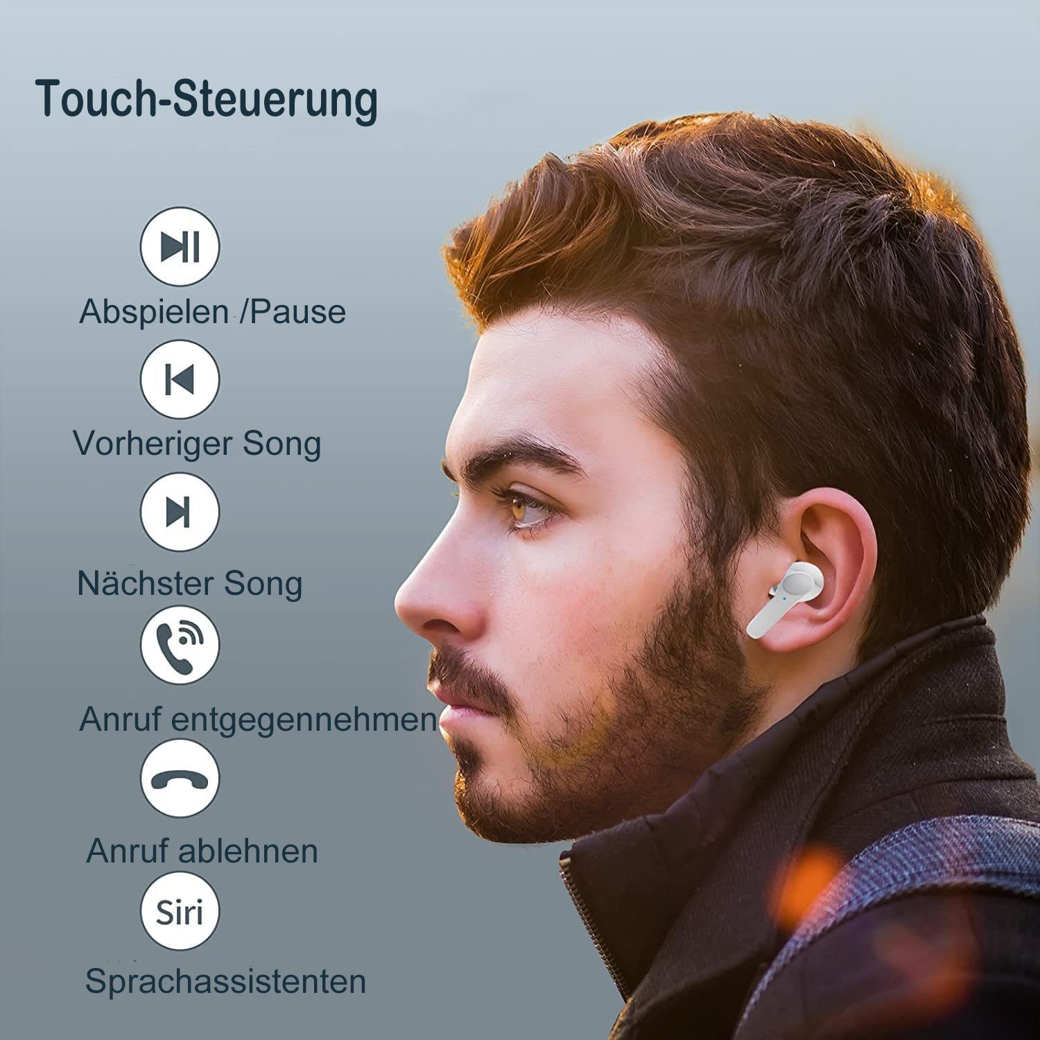 Mutoy Bluetooth Kopfhörer, True-Wireless In-Ear-Kopfhörer mit Mikrofon, In-Ear-Kopfhörer (Voice Assistant, Noise Cancelling Wireless Earbuds,IP7 Wasserdicht Ohrhörer LED-Anzeige)