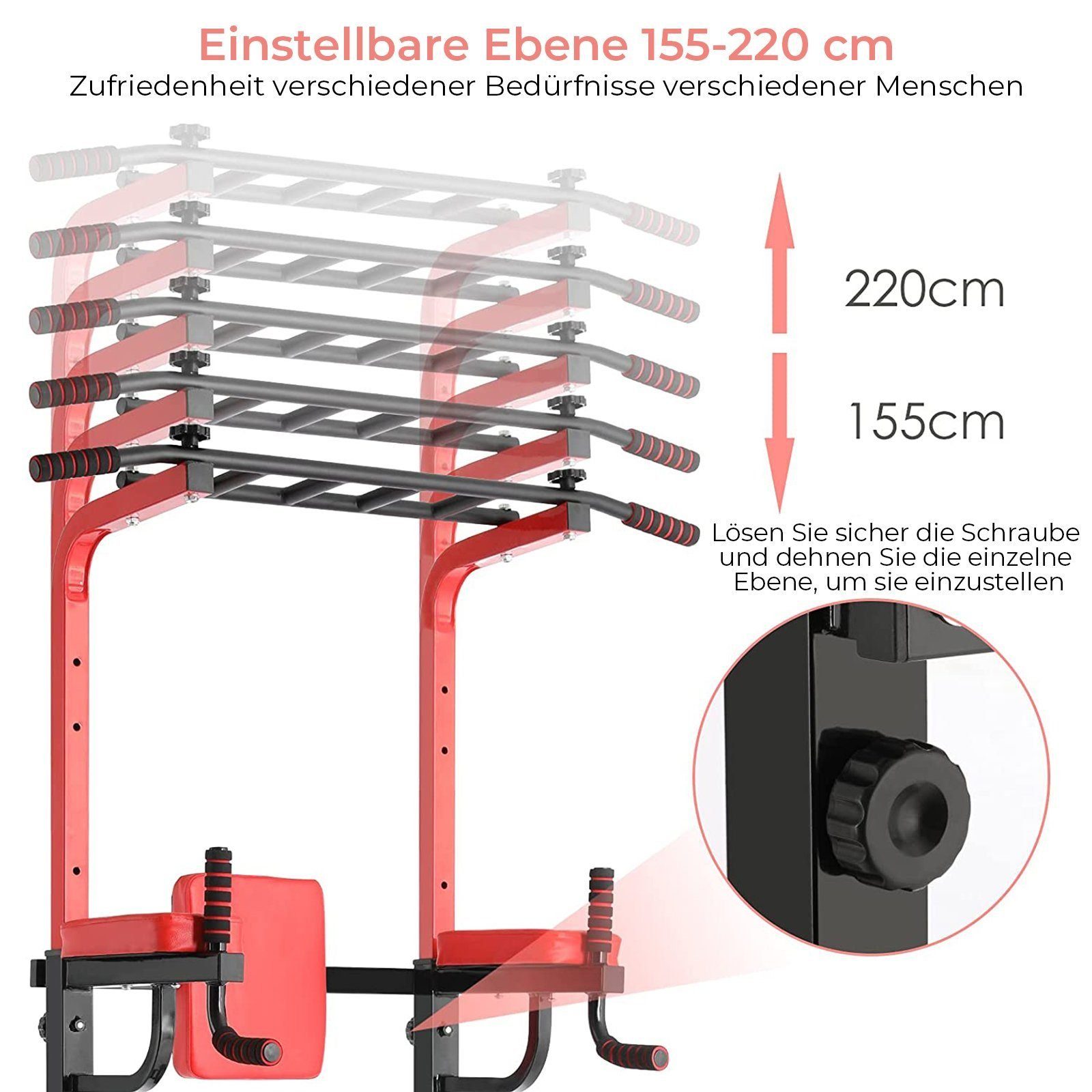 TLGREEN Kraftstation Trainingsstation, Fitnessstation, Power Tower für Training zuhause, 8-Stufig HÖhenverstellbar, Dipstange, Klimmzugstange,Rückenpolster