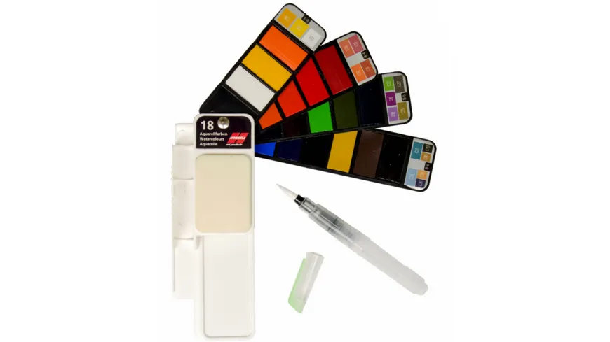 Aquarellfarben-Set mit 18 Farbtönen im Fächer + Wasserpinsel